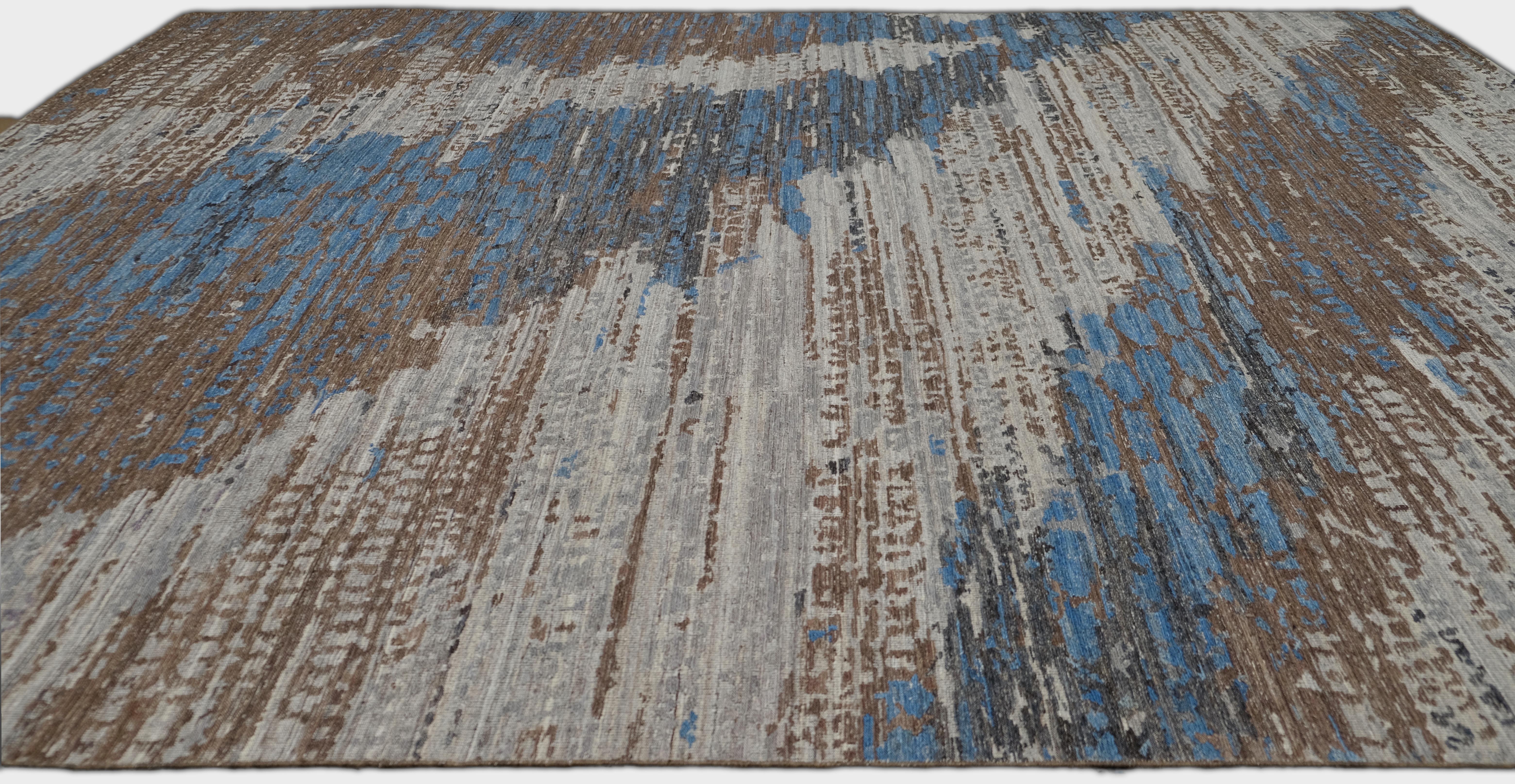 Motivo Abstracto Inspirado en el Paisaje Natural Alfombra de Lana Azul Marrón 9'3''x12' Moderno en venta