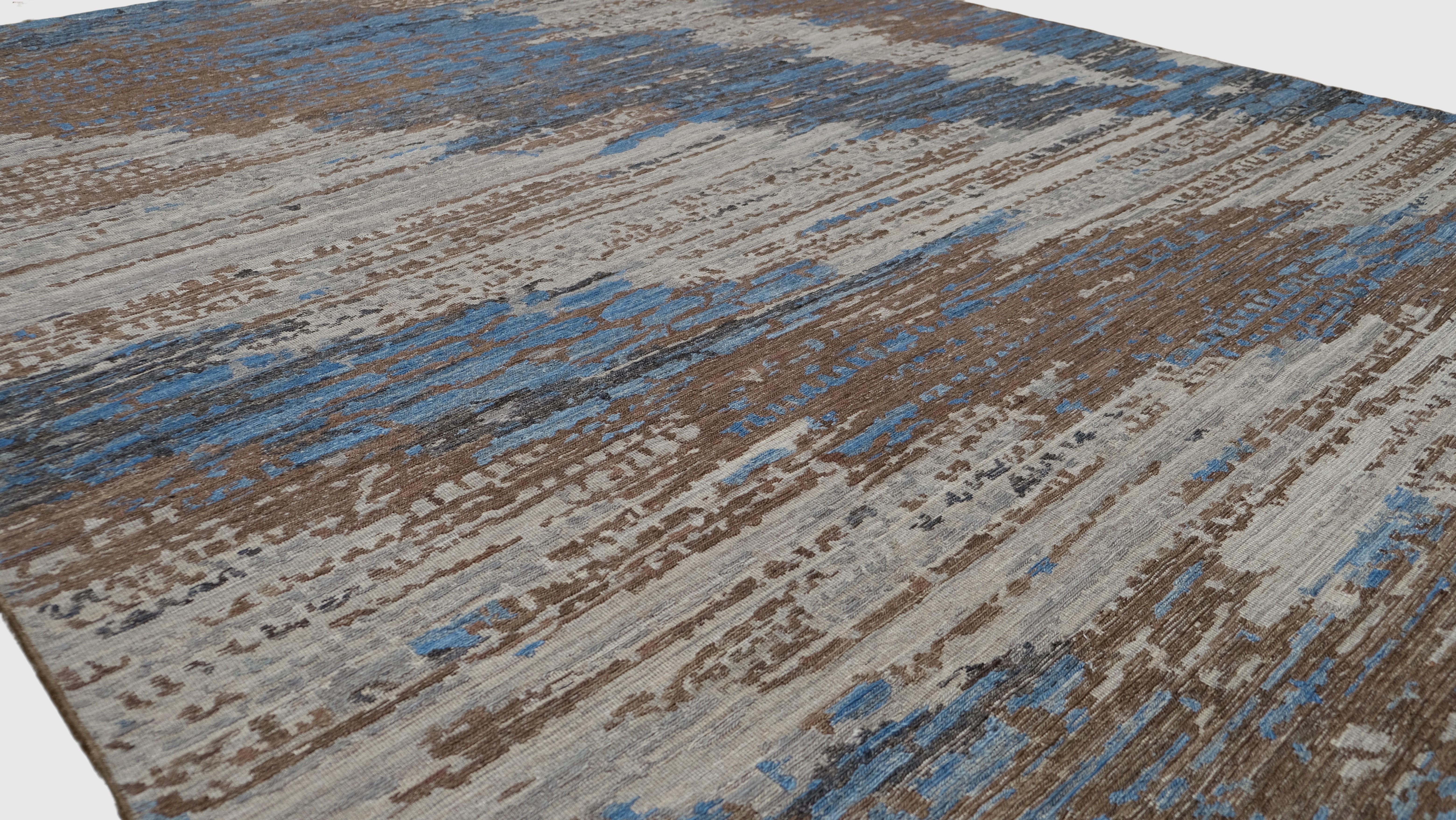 Motivo Abstracto Inspirado en el Paisaje Natural Alfombra de Lana Azul Marrón 9'3''x12' Anudado a mano en venta
