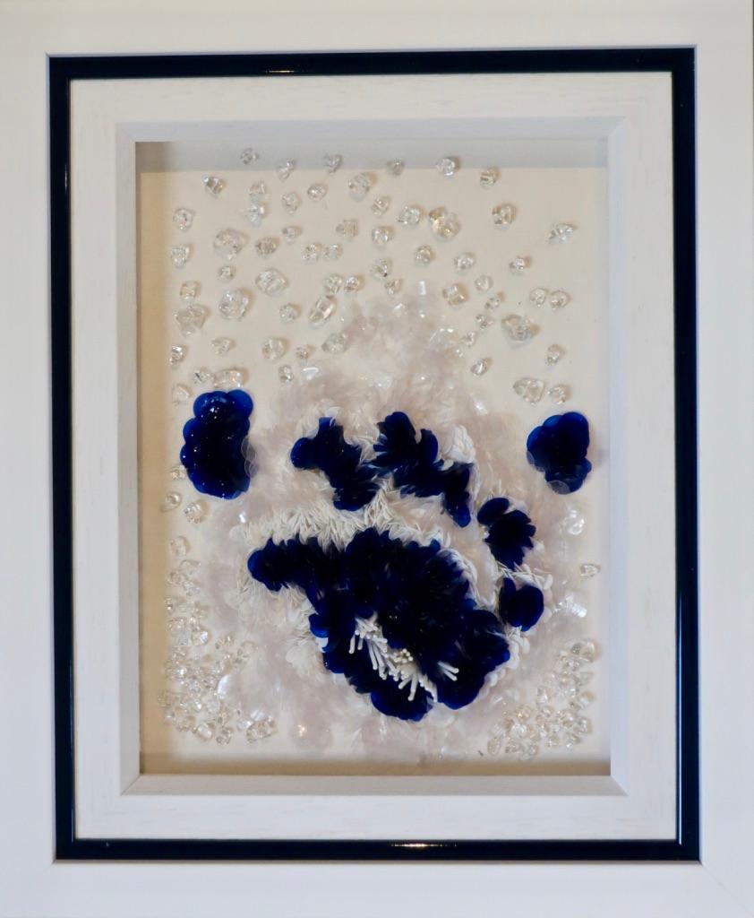 Beautiful hand-embroidered artwork with blue and white standing sequins and beads with transparent rock crystals.