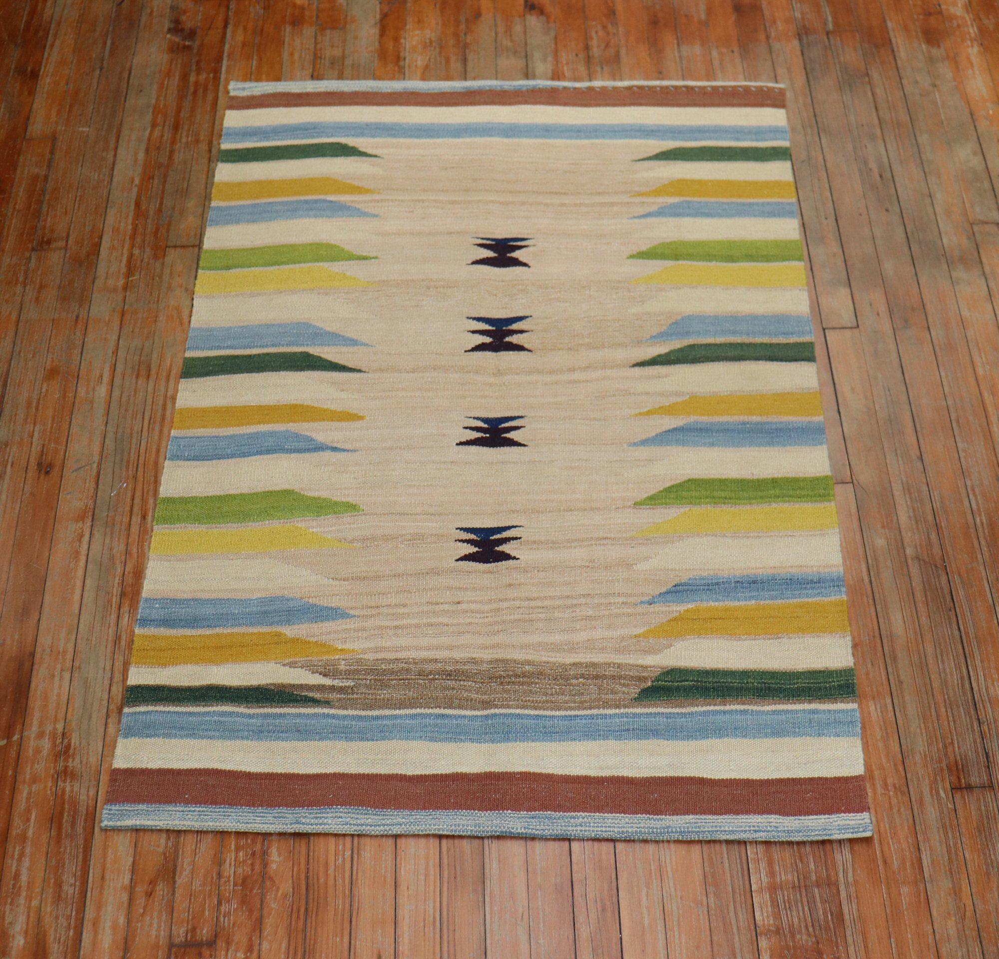 One of a kind modern Persian Kilim with Mid-Century Modern vibes

Measures: 3'4