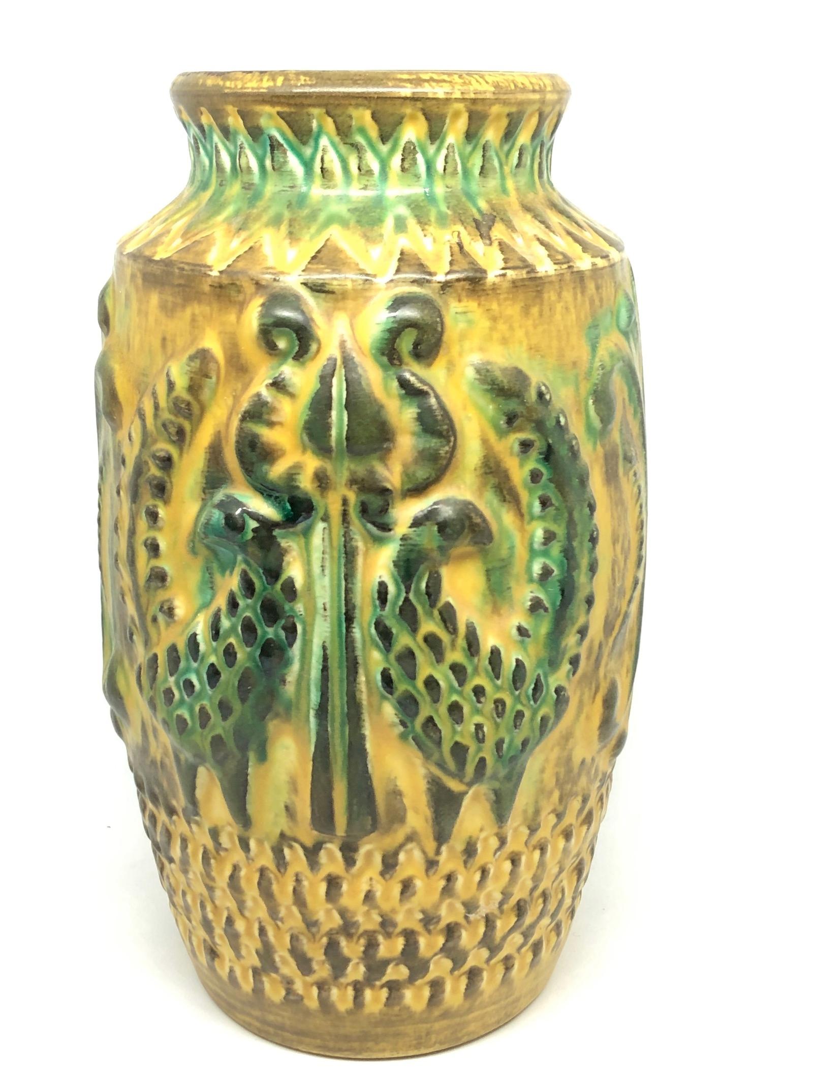 Mid-Century Modern Abstract Pheasant Vintage West German Vase Ceramic Bay Pottery, circa 1970 For Sale