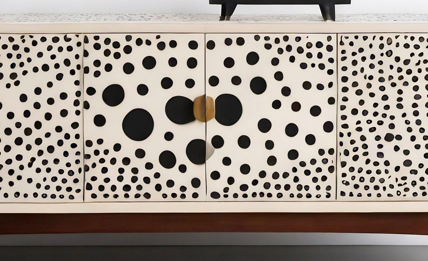 Mid-Century Modern Abstract Polka Dot Inlay White Media Console For Sale