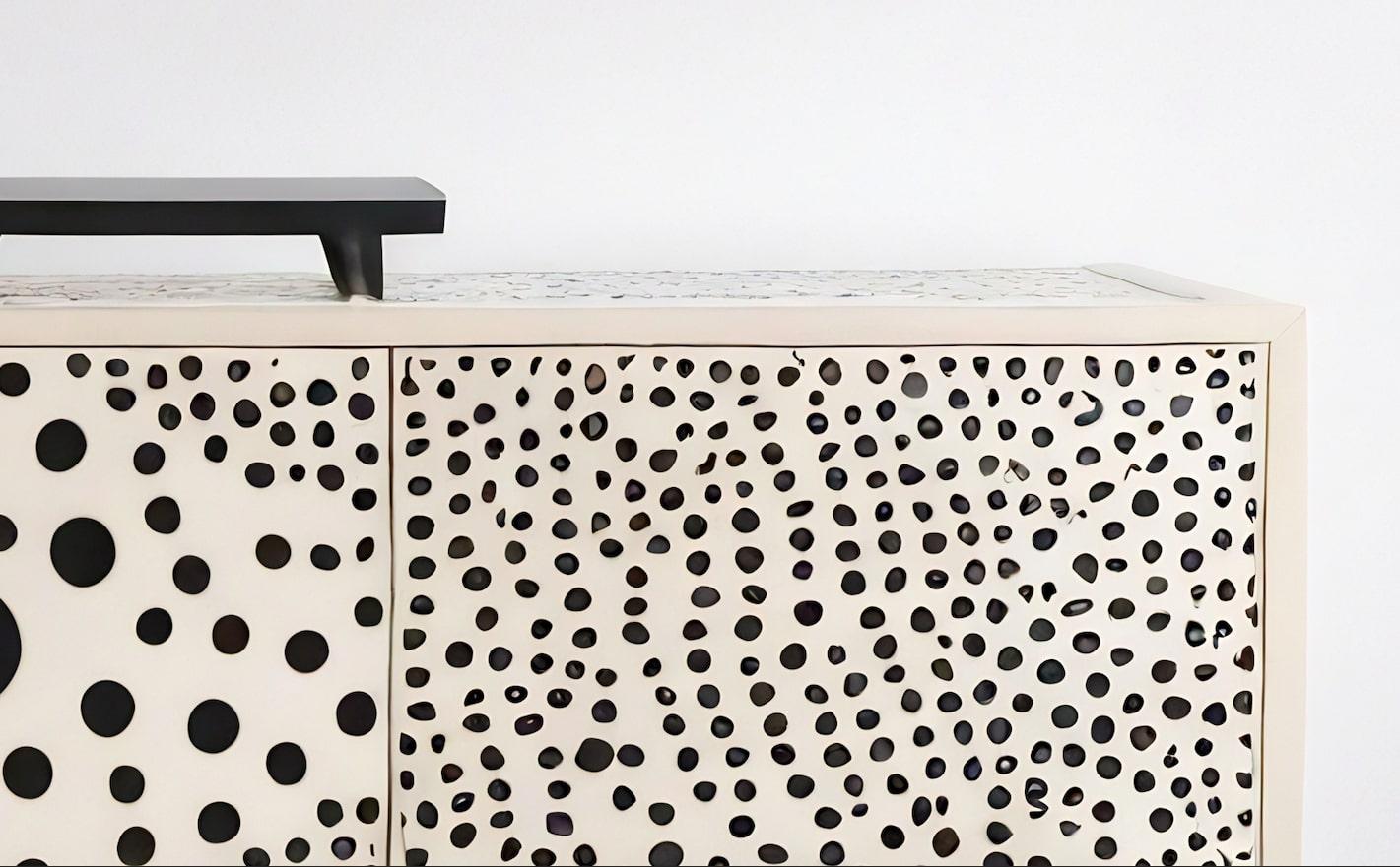 Abstract Polka Dot Inlay White Media Console In New Condition For Sale In New York, NY