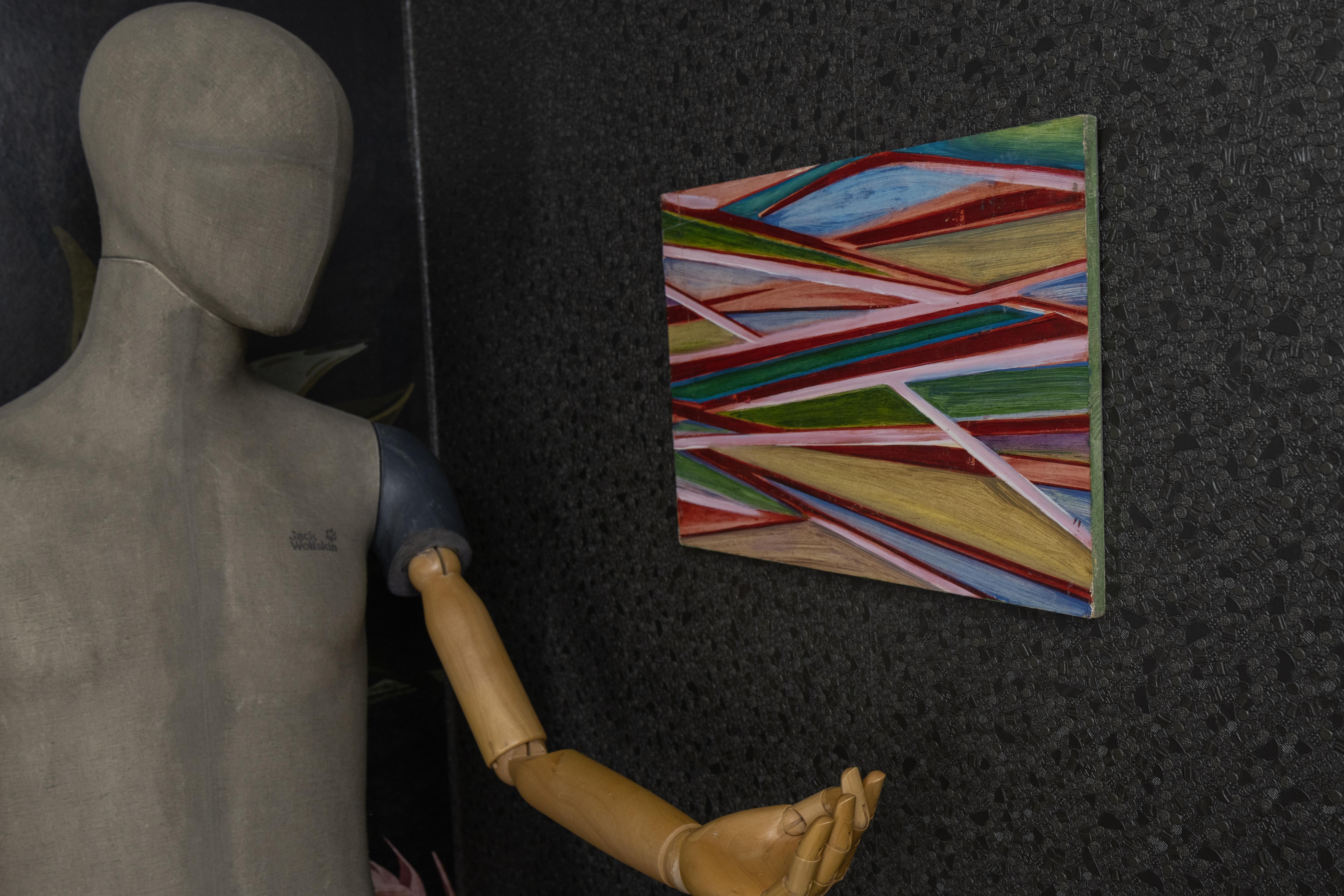 Peinture géométrique abstraite polychrome, huile sur panneau, fin du 20e siècle en vente 4