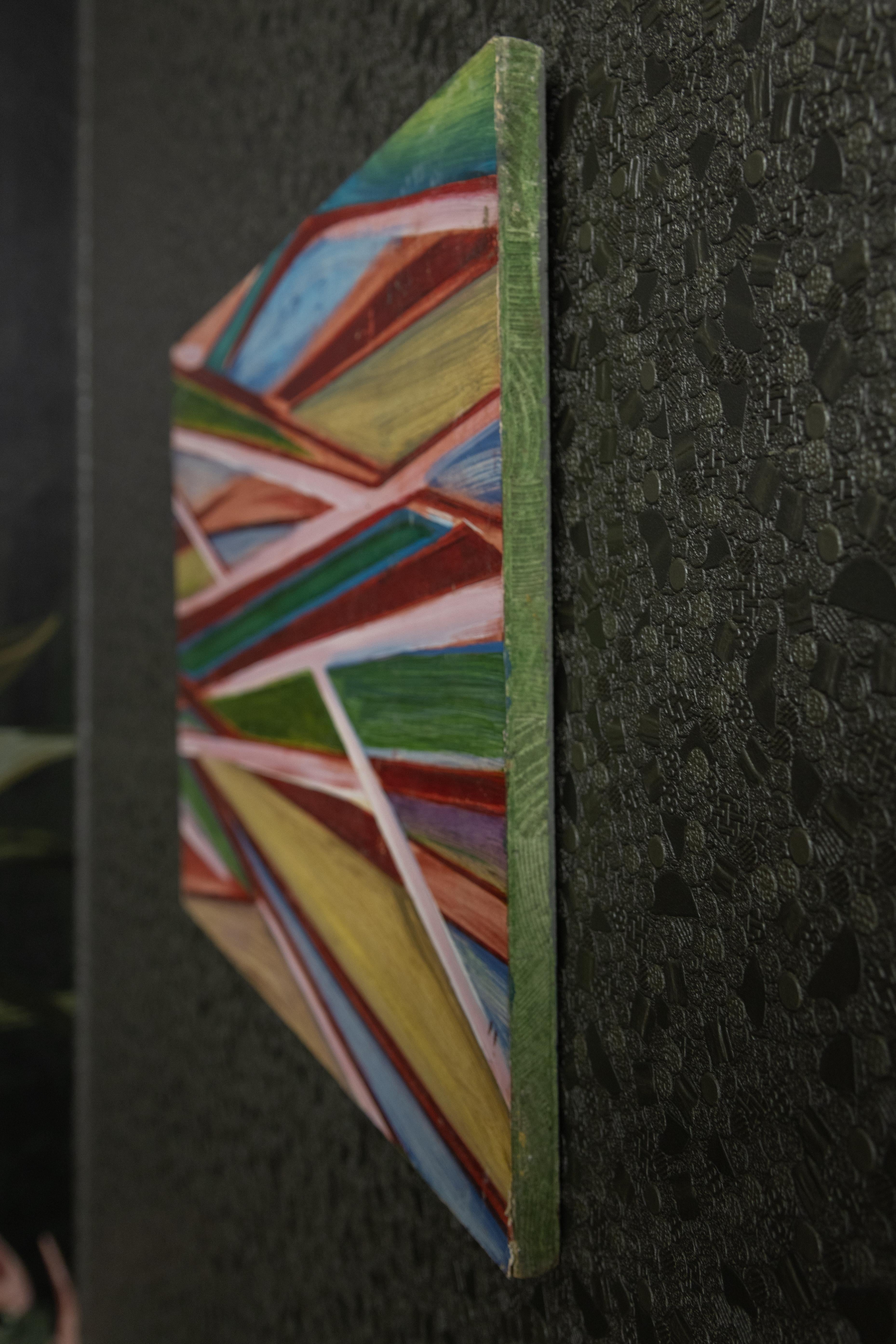 Peinture géométrique abstraite polychrome, huile sur panneau, fin du 20e siècle en vente 5