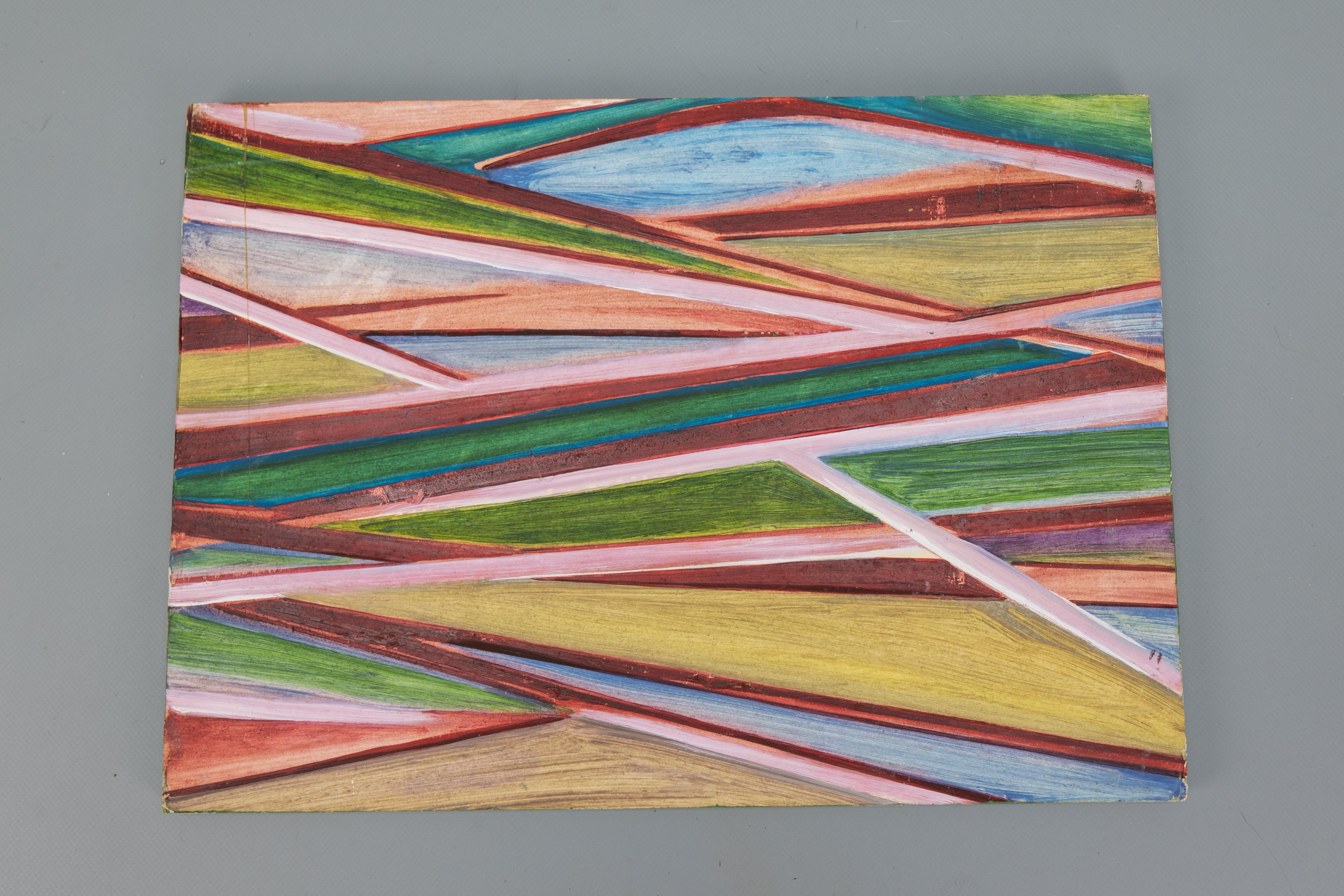 Peinture géométrique abstraite polychrome, huile sur panneau, fin du 20e siècle en vente 6