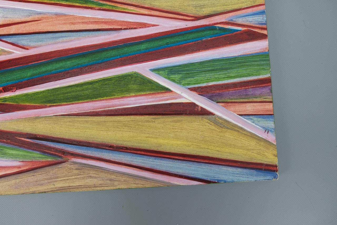 Peinture géométrique abstraite polychrome, huile sur panneau, fin du 20e siècle en vente 8