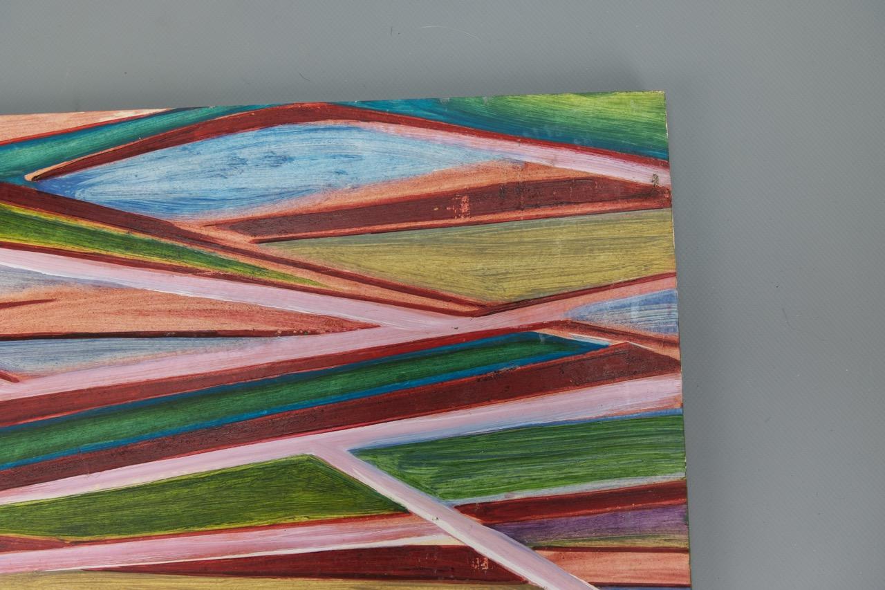 Peinture géométrique abstraite polychrome, huile sur panneau, fin du 20e siècle en vente 9