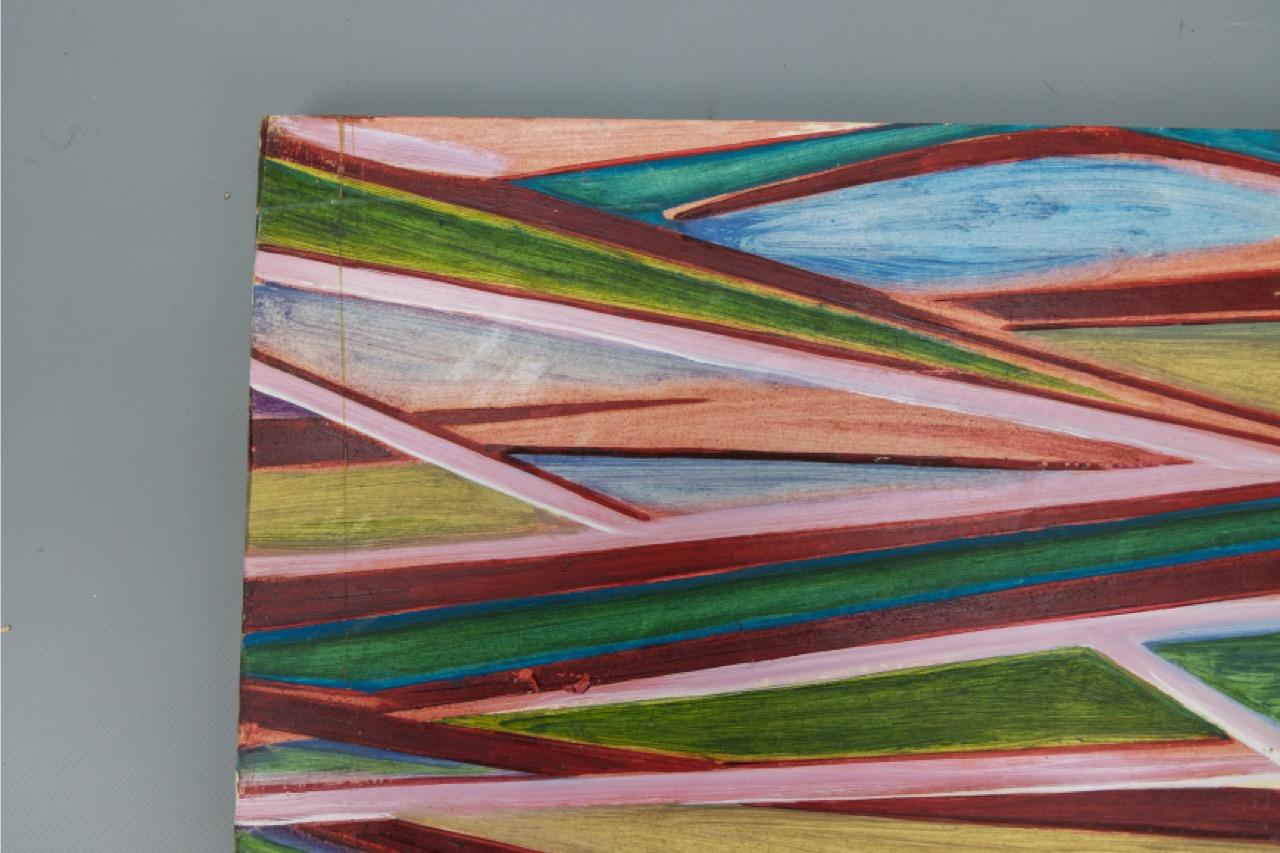 Peinture géométrique abstraite polychrome, huile sur panneau, fin du 20e siècle en vente 10