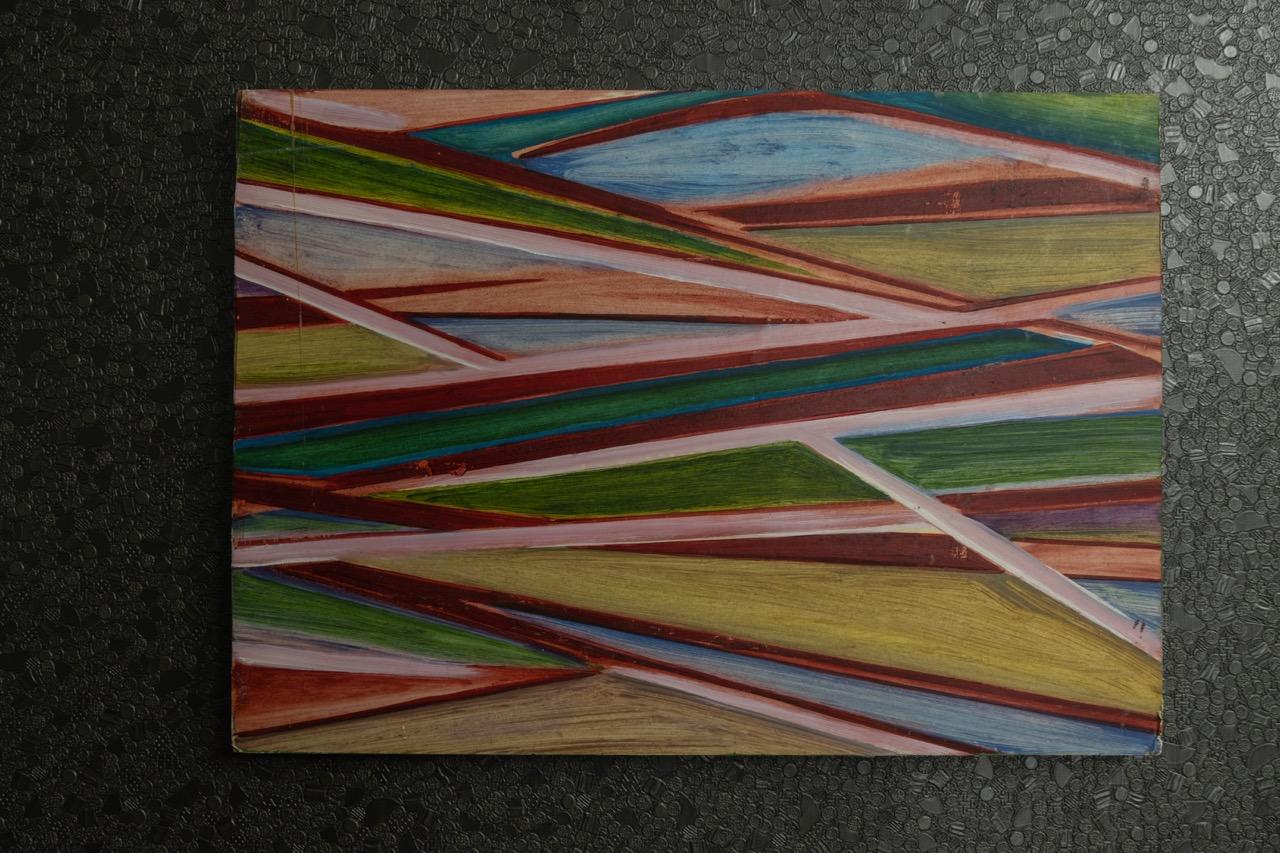 Moderne Peinture géométrique abstraite polychrome, huile sur panneau, fin du 20e siècle en vente