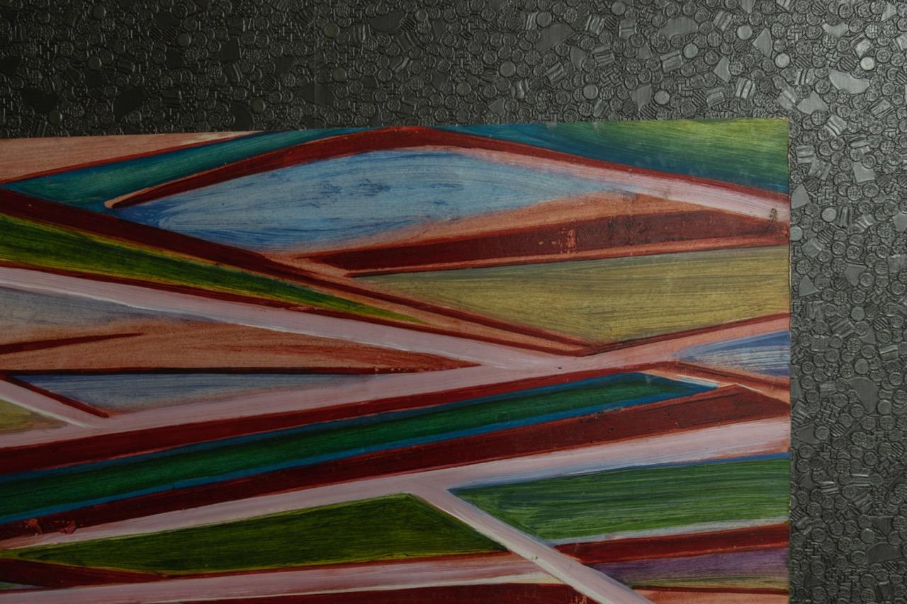 Allemand Peinture géométrique abstraite polychrome, huile sur panneau, fin du 20e siècle en vente