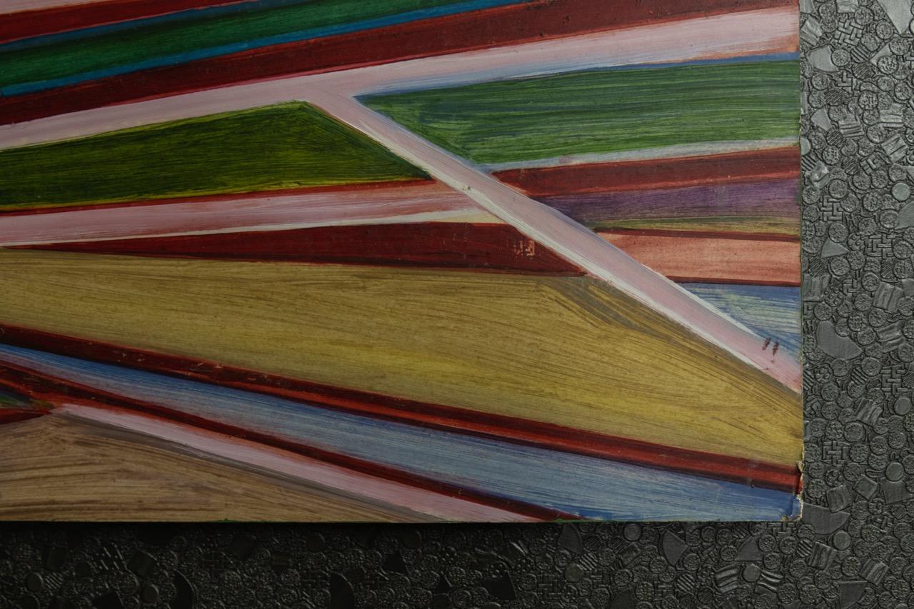 Peinture géométrique abstraite polychrome, huile sur panneau, fin du 20e siècle en vente 1