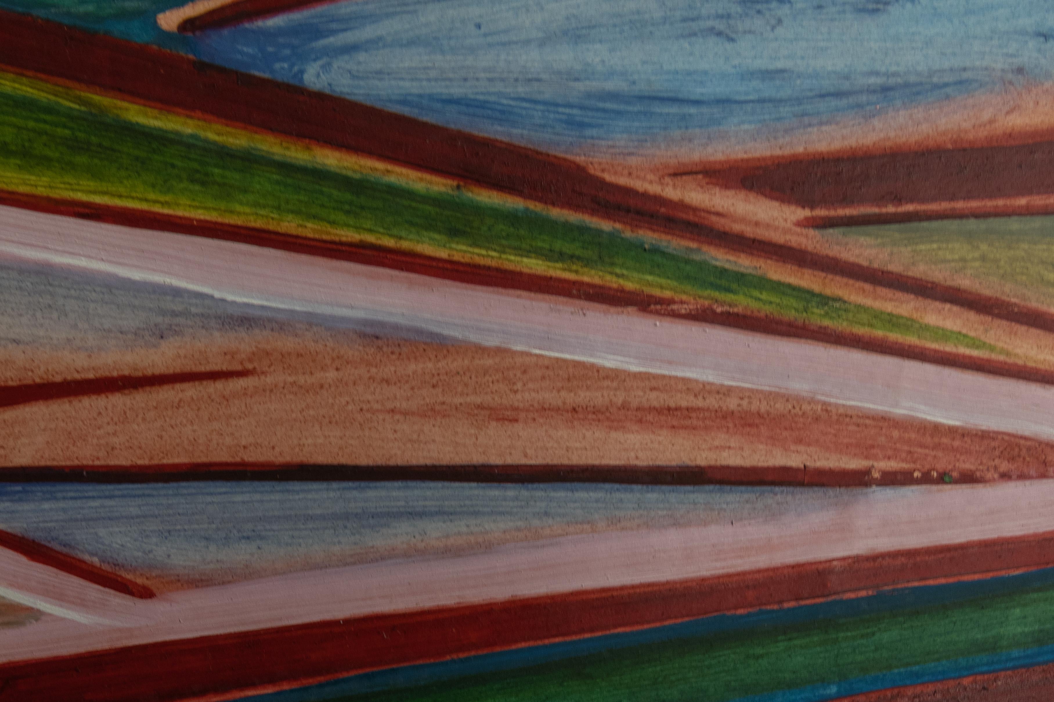 Peinture géométrique abstraite polychrome, huile sur panneau, fin du 20e siècle en vente 2