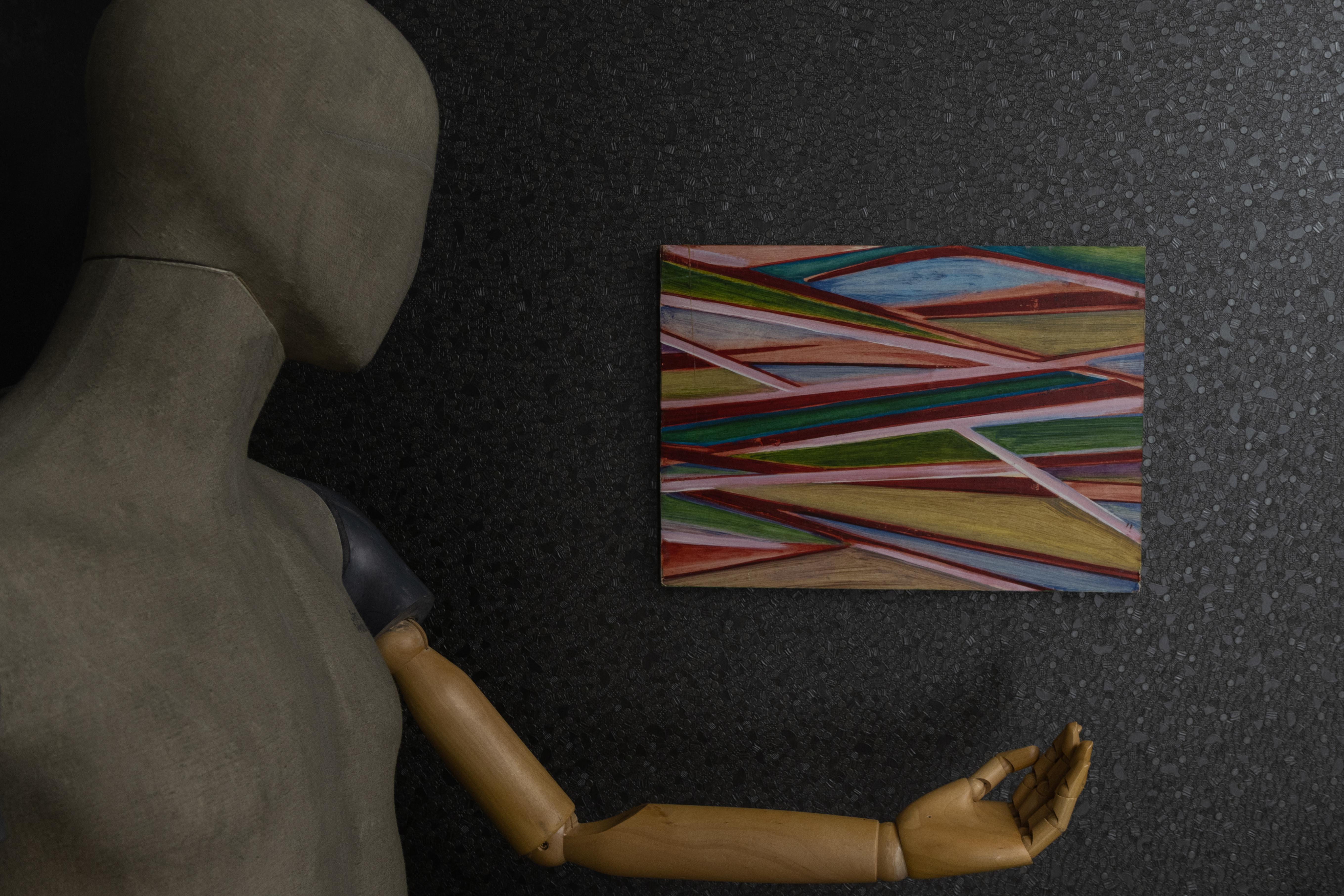 Peinture géométrique abstraite polychrome, huile sur panneau, fin du 20e siècle en vente 3