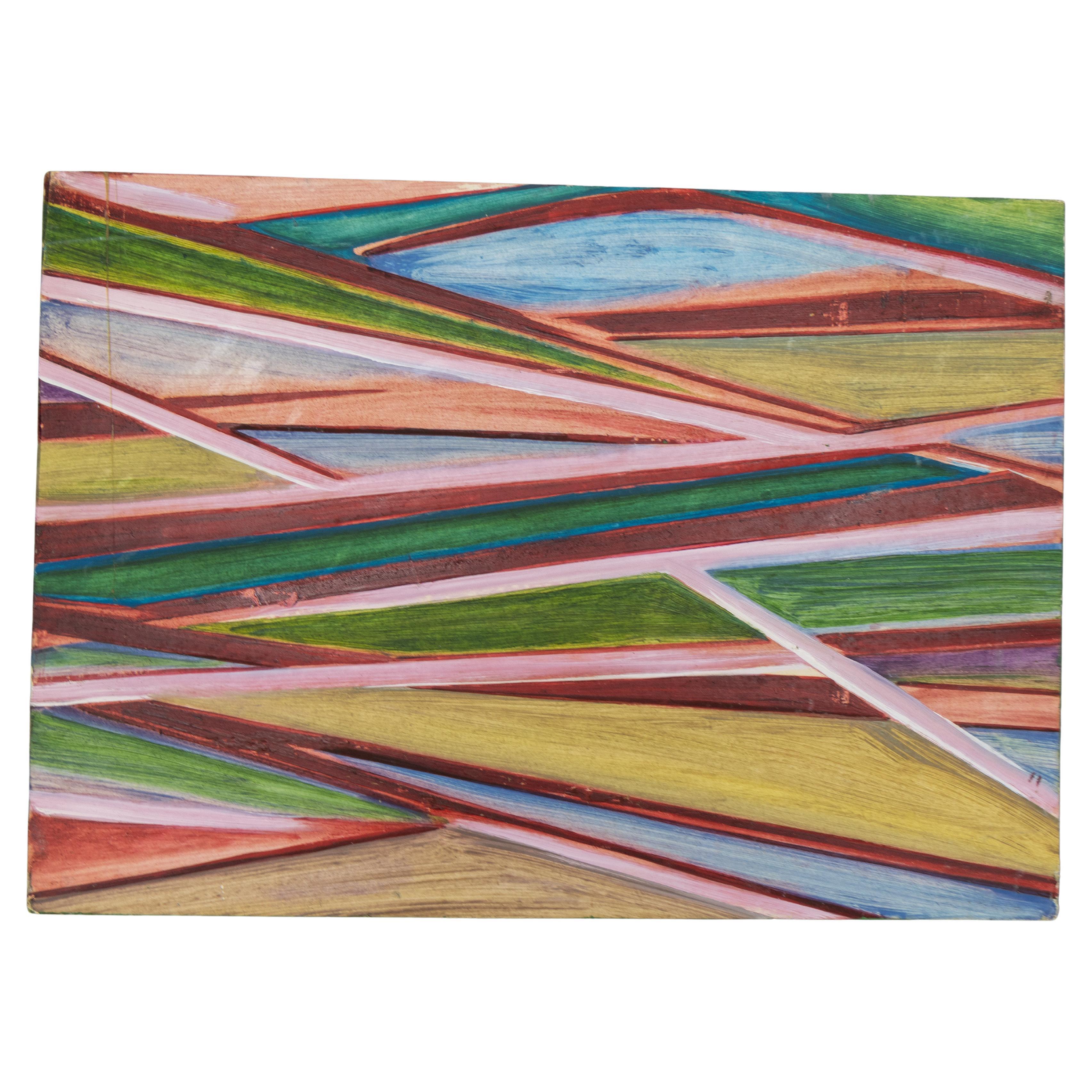 Abstract Polychrome Geometric Painting, Oil on Panel, Late 20th Century
