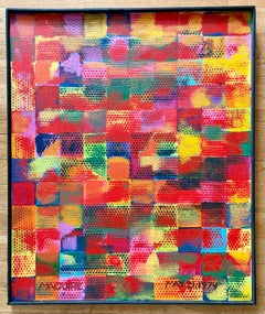 Dipinto astratto in stile "Pop Art", motivo a griglia colorata di puntini, firmato Maguire, 1971