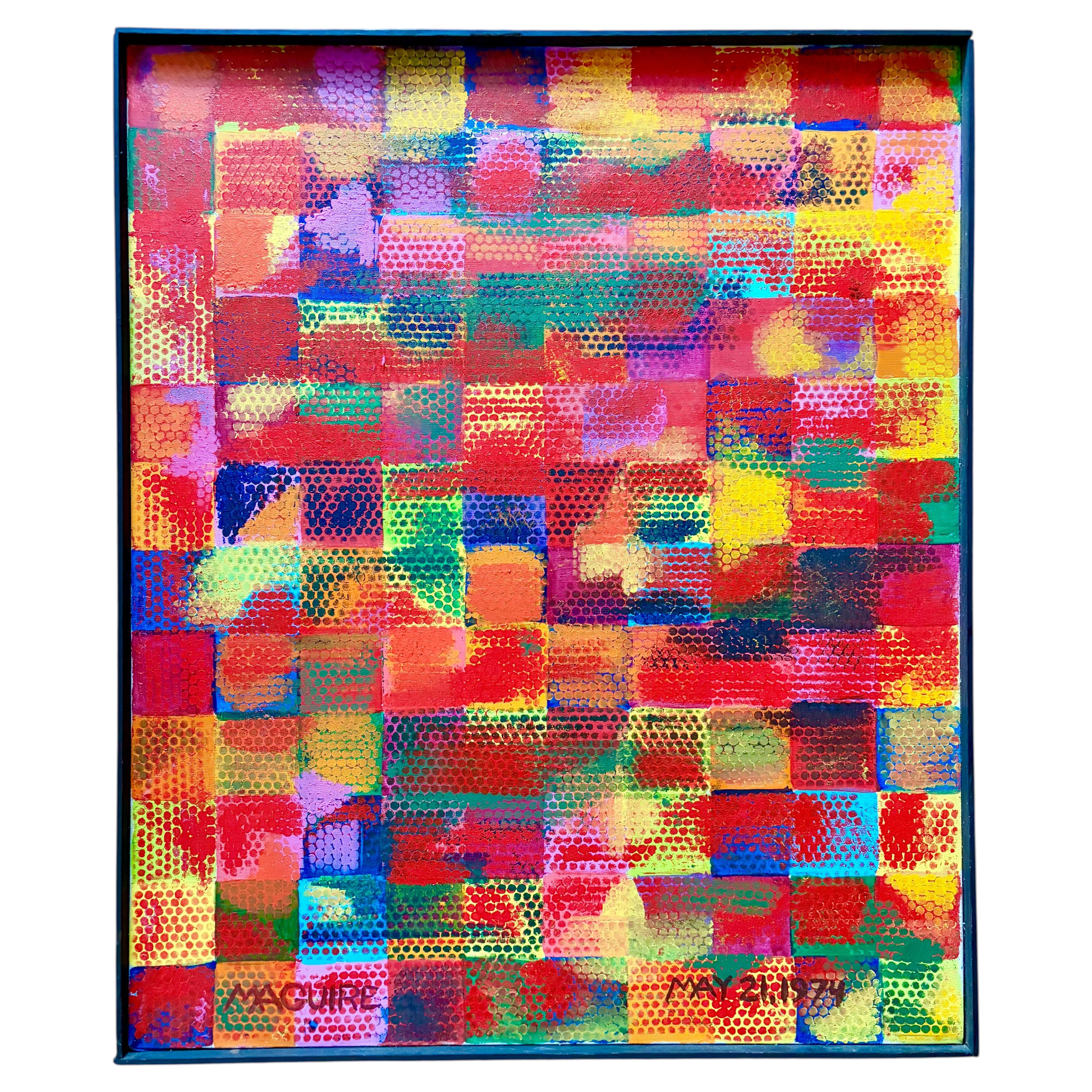 Abstract "Pop Art" Painting, Colorful Grid Pattern of Dots, signed Maguire, 1971 For Sale