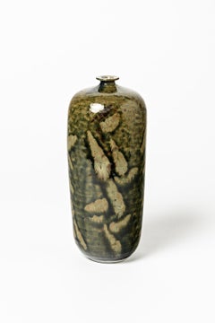 Abstract Porcelain Brown and Green Ceramic Bottle by Héraud La Borne circa 1970