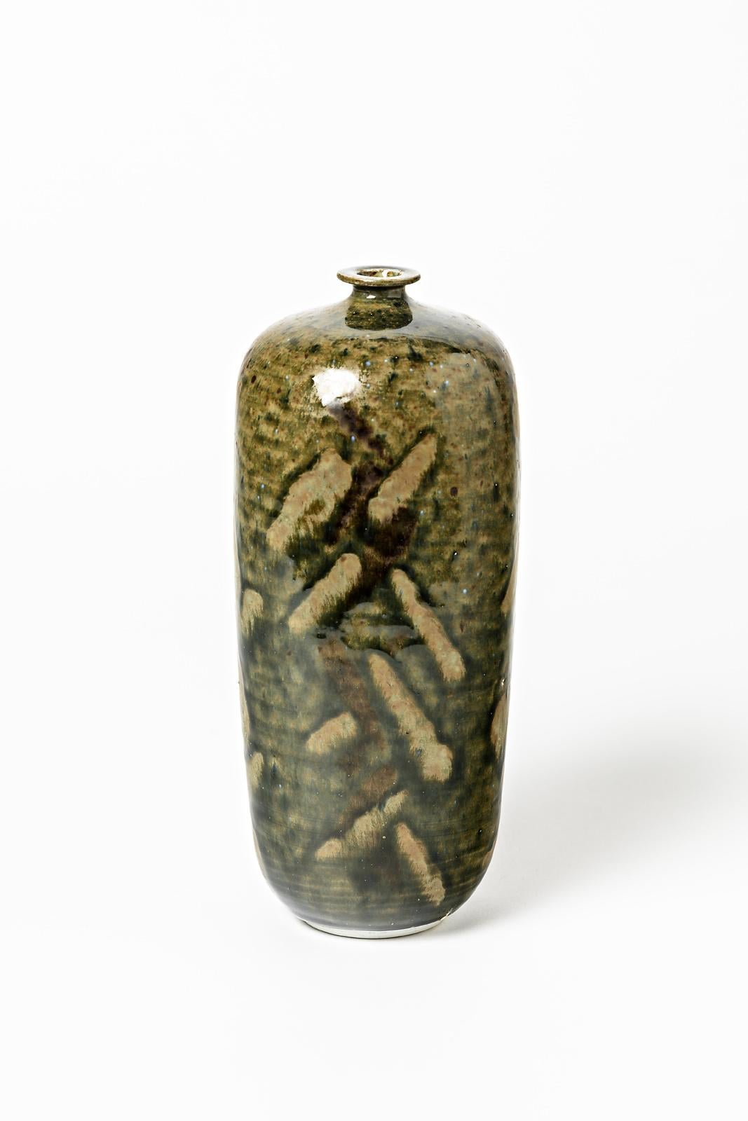 Mid-Century Modern Abstract Porcelain Brown and Green Ceramic Bottle by Héraud La Borne circa 1970 For Sale