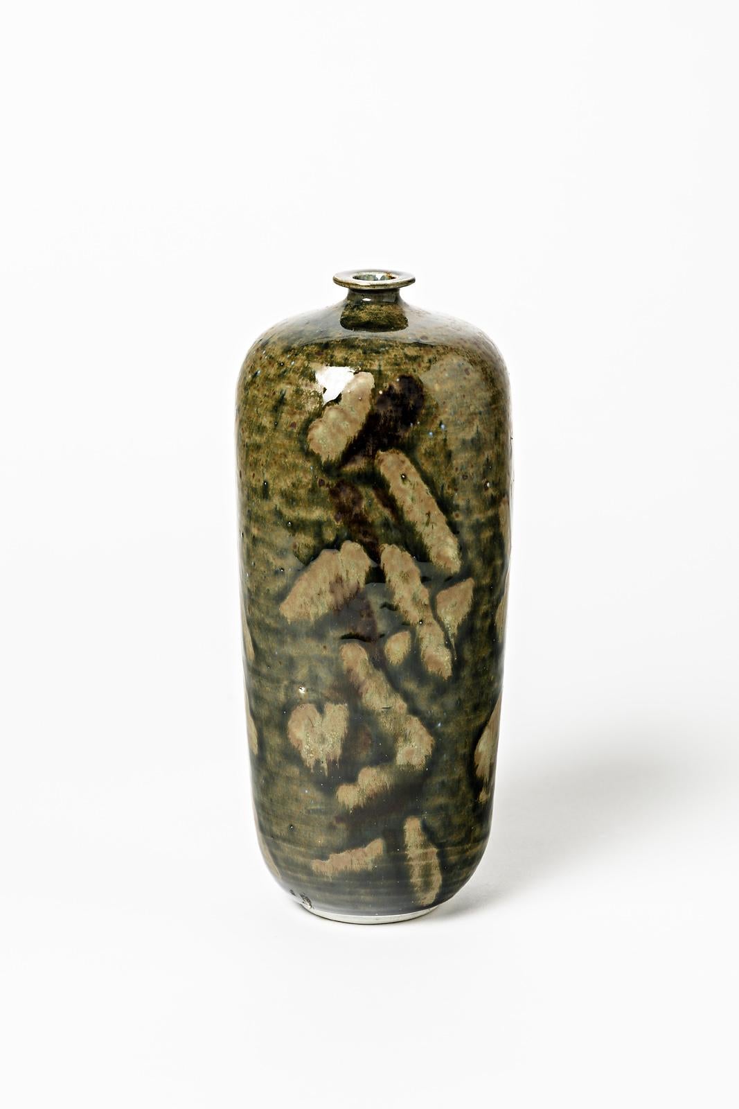Abstract Porcelain Brown and Green Ceramic Bottle by Héraud La Borne circa 1970 In Excellent Condition For Sale In Neuilly-en- sancerre, FR