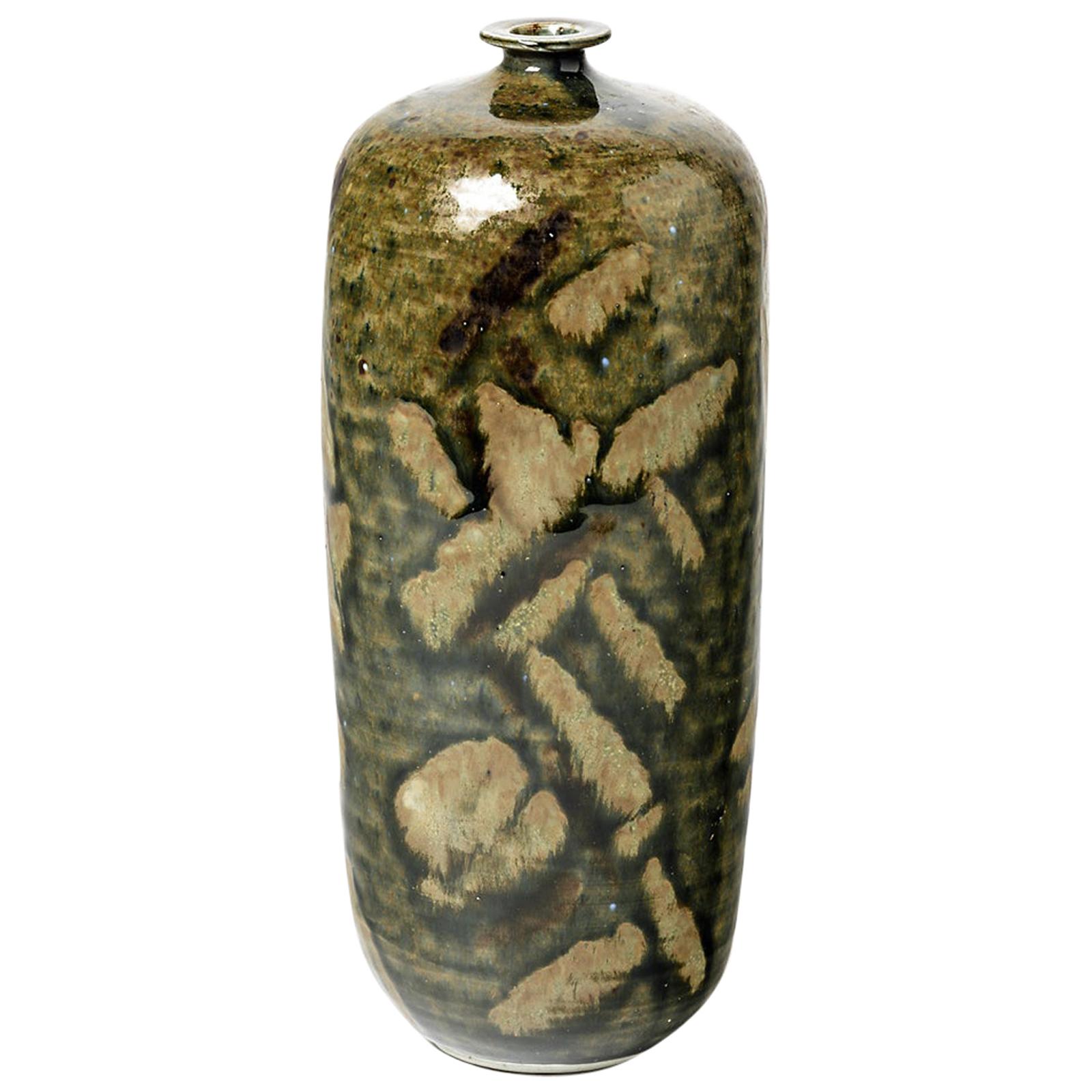 Abstract Porcelain Brown and Green Ceramic Bottle by Héraud La Borne circa 1970 For Sale