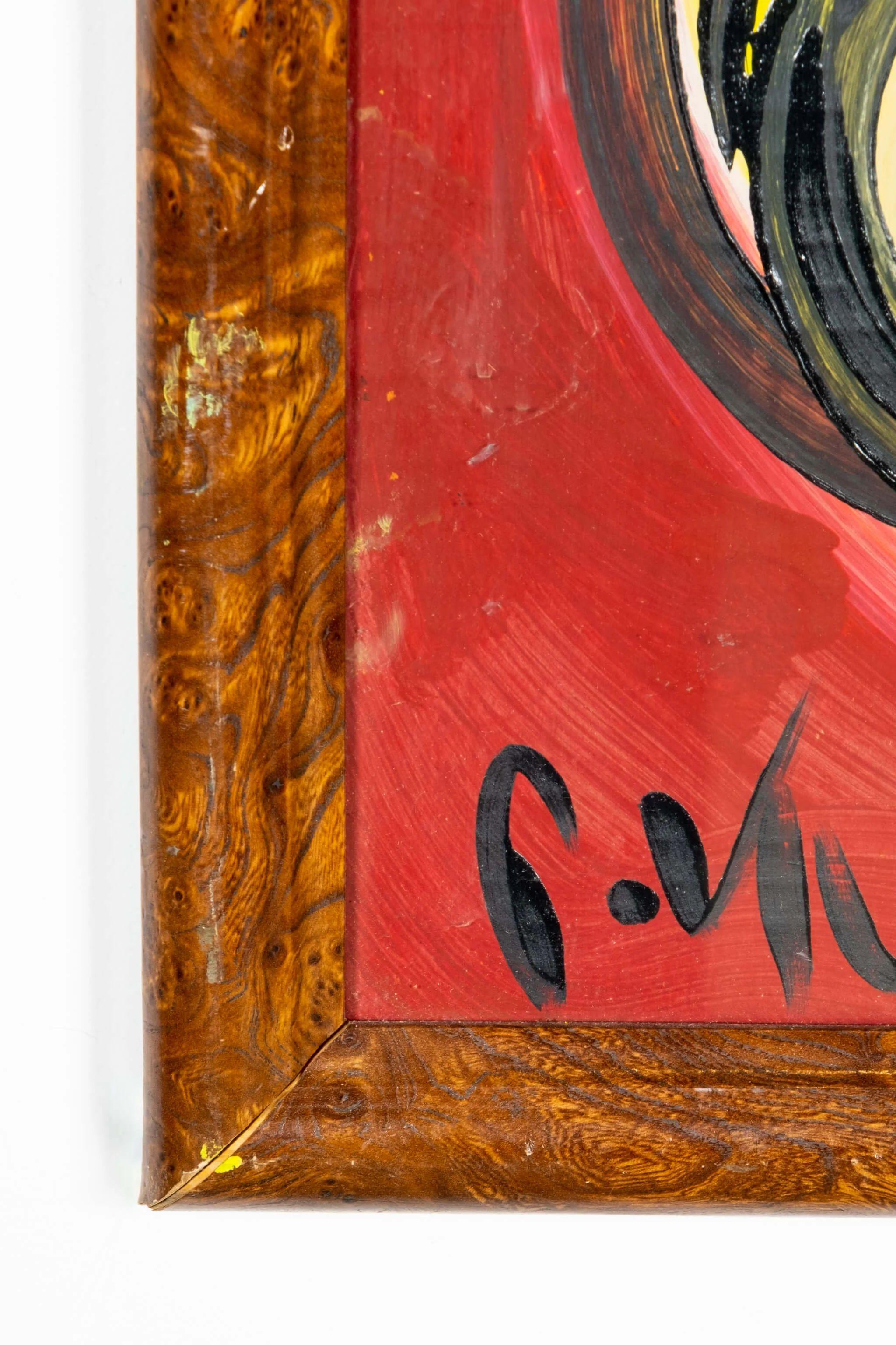 Abstraktes Porträt in Primären, Rahmen aus gemasertem Holz von Peter Robert Keil (Deutsch) im Angebot