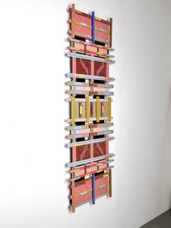 Abstract Postmodern Painted Wood Slat Wall Sculpture by John Kiritsis 1980s