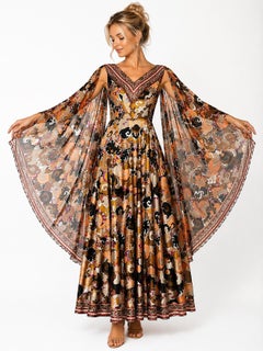 Abstract Print Dress with Sheer Angel Sleeves Robert W Gates Burlingame 1970s