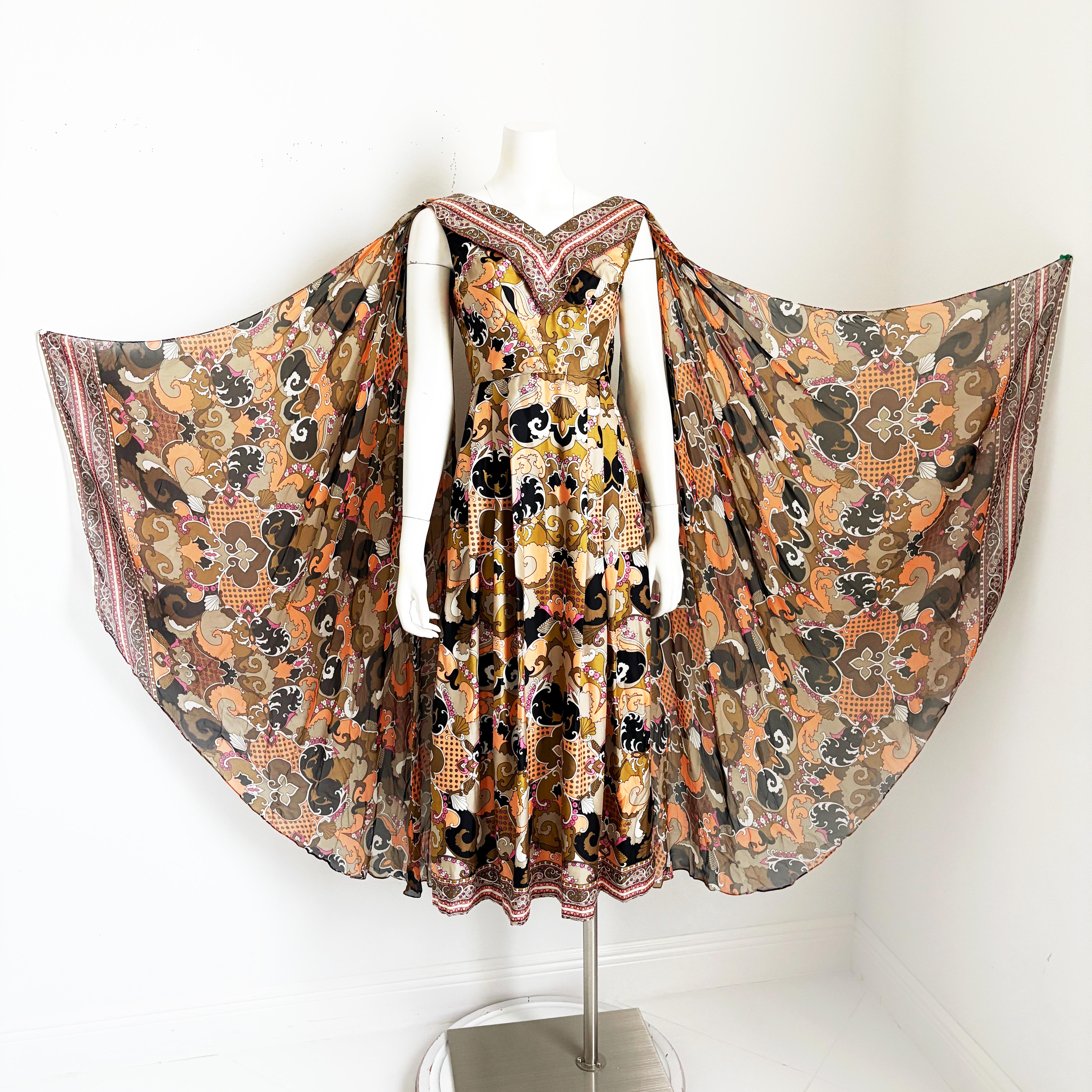 Brown Abstract Print Dress with Sheer Angel Sleeves Robert W Gates Burlingame 1970s For Sale