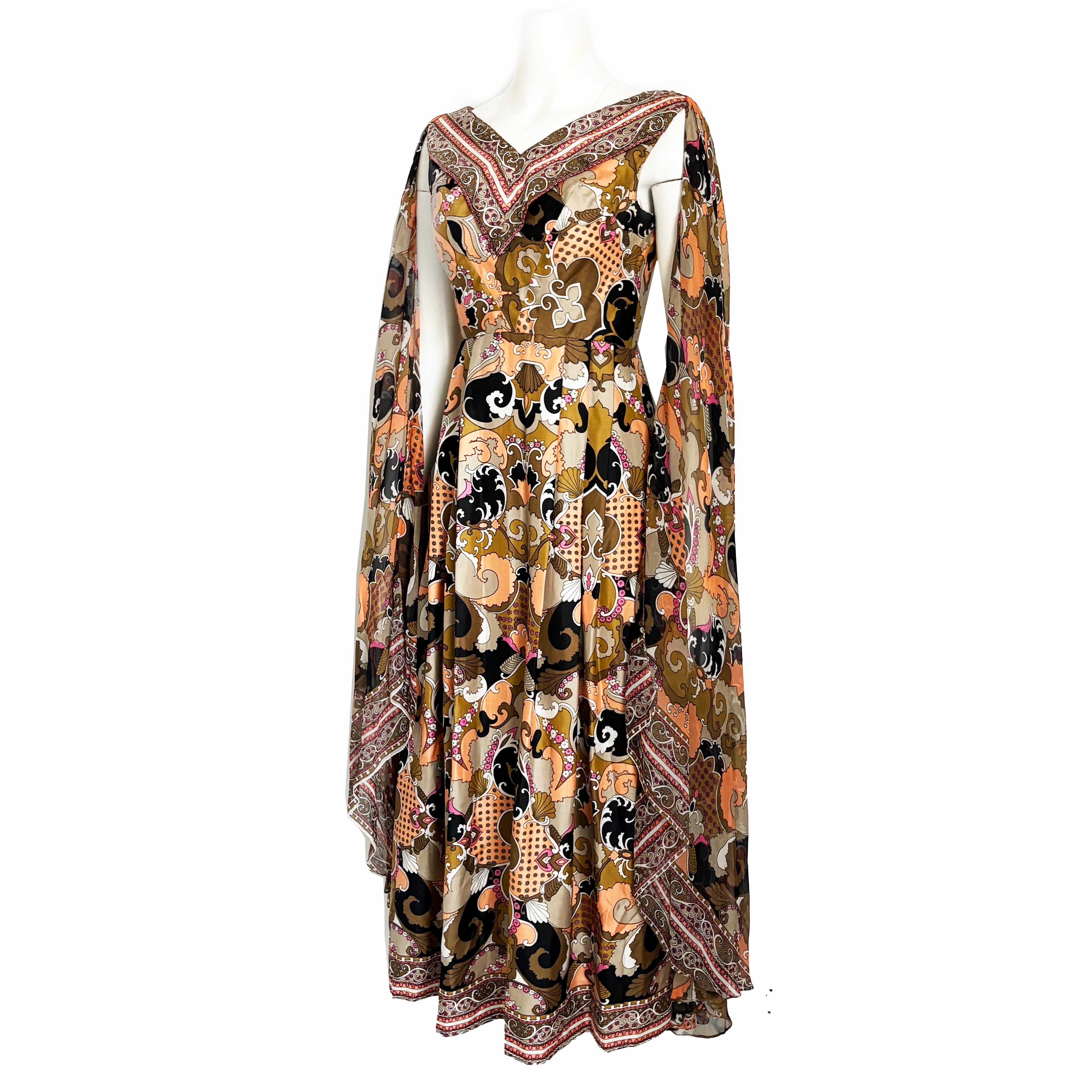 Abstract Print Dress with Sheer Angel Sleeves Robert W Gates Burlingame 1970s For Sale 1