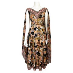 Abstract Print Dress with Sheer Angel Sleeves Robert W Gates Burlingame 1970s