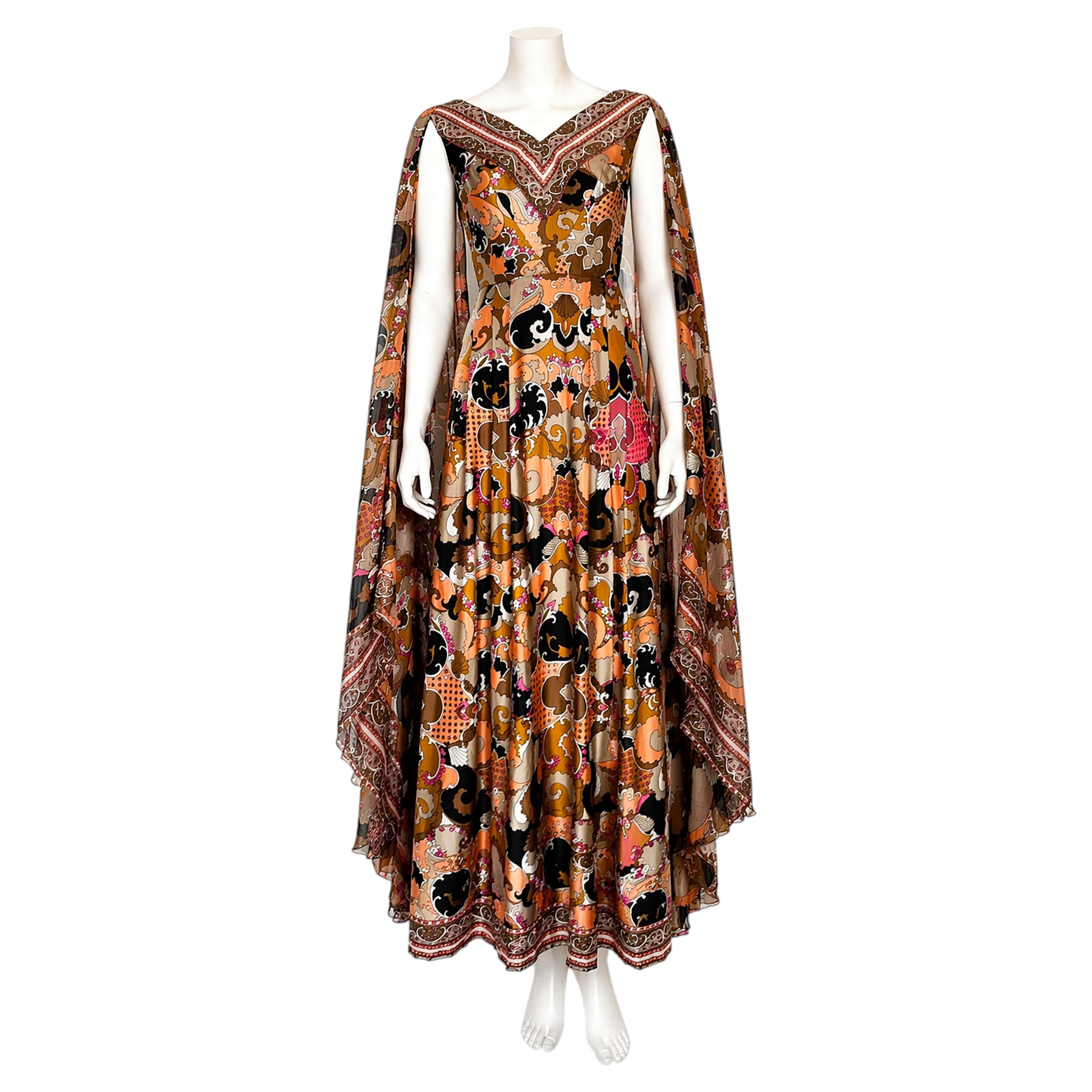 Abstract Print Dress with Sheer Angel Sleeves Robert W Gates Burlingame 1970s
