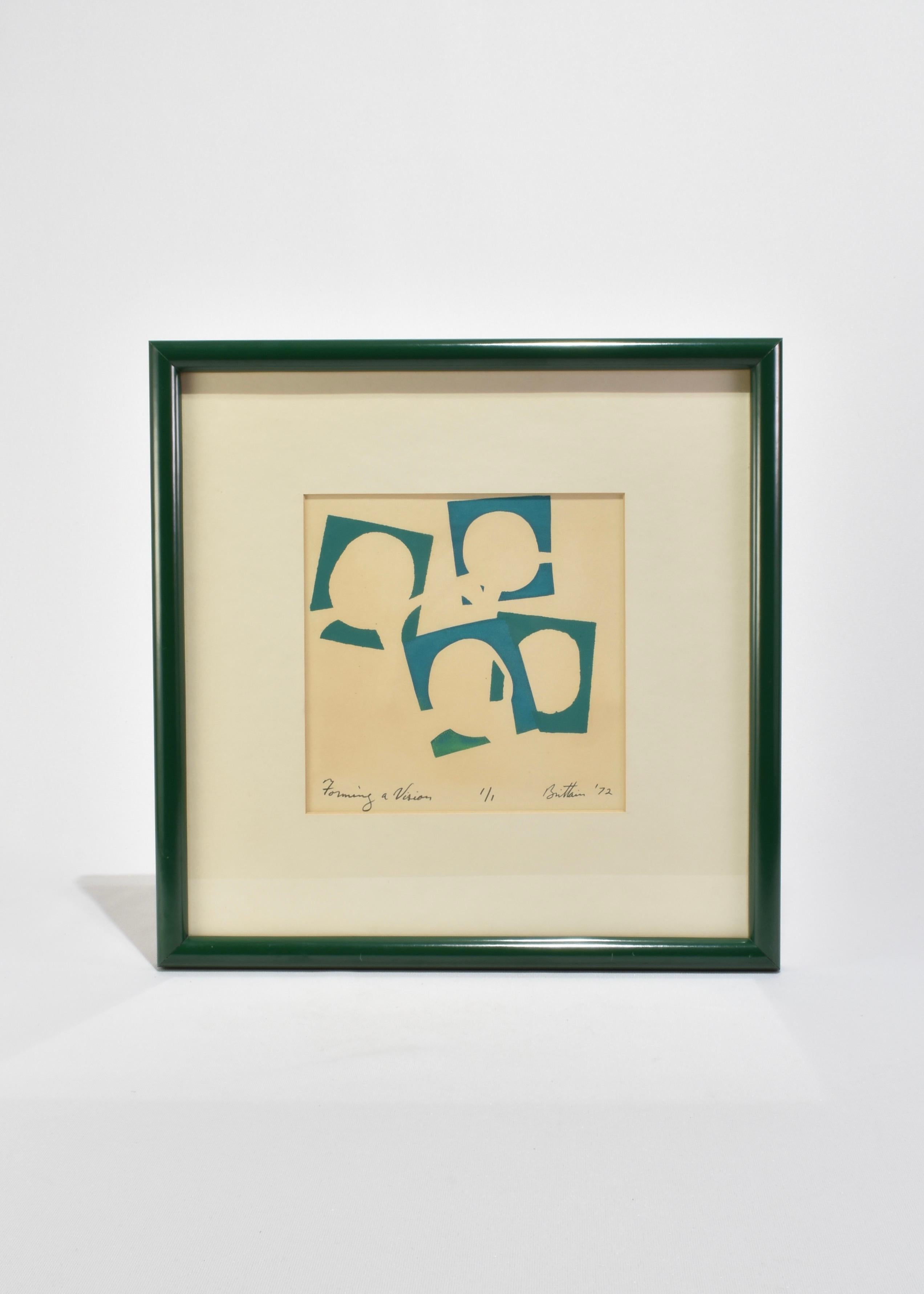 A graphic abstract print in teal and cream, titled Forming a Vision and marked 1/1. The cutout-style silhouettes create a sense of rhythm and repetition. Signed in the lower right Brittain '72.

Framed in a glossy green metal frame with a soft white