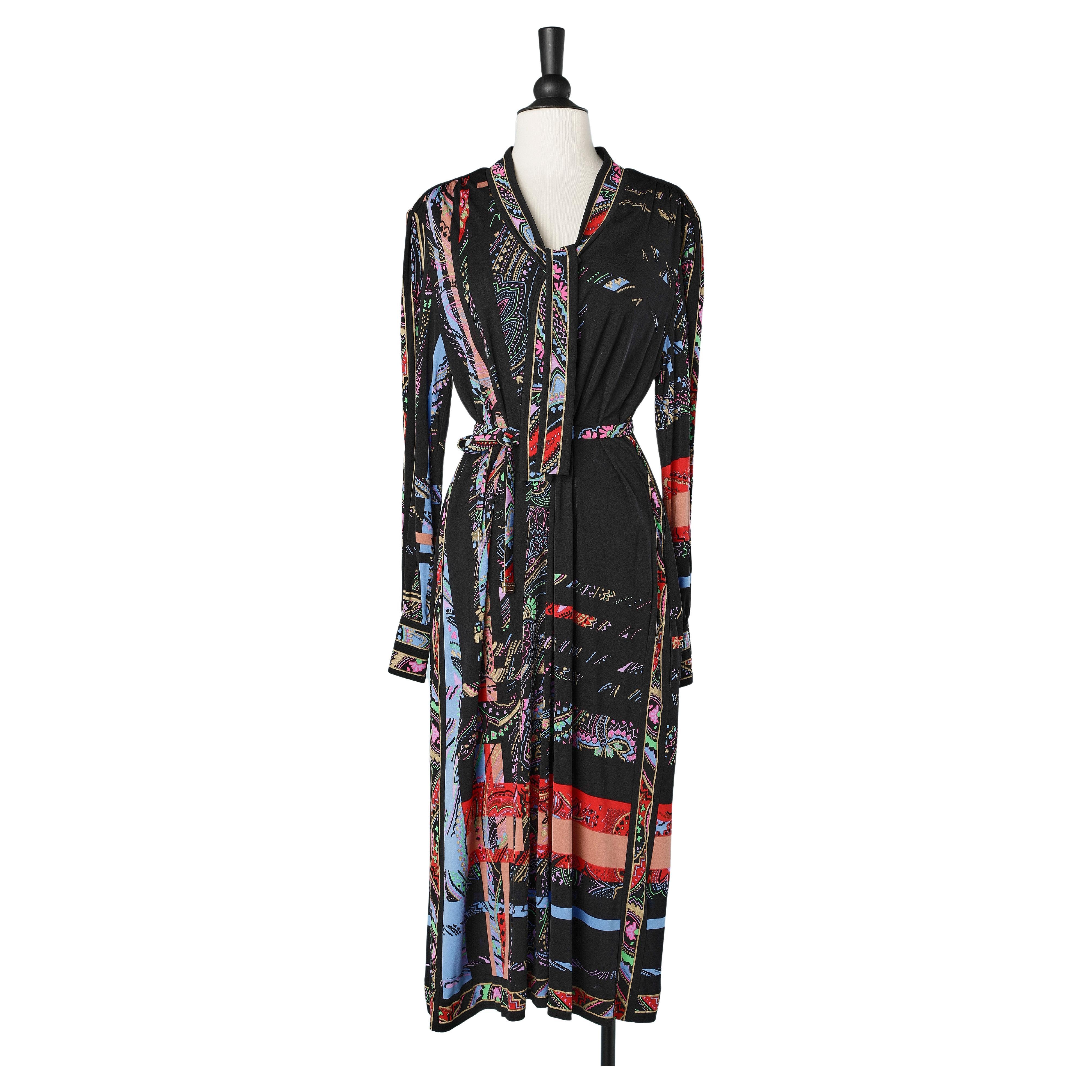 Abstract printed silk jersey dress with belt and tie-collar Leonard Fashion  For Sale