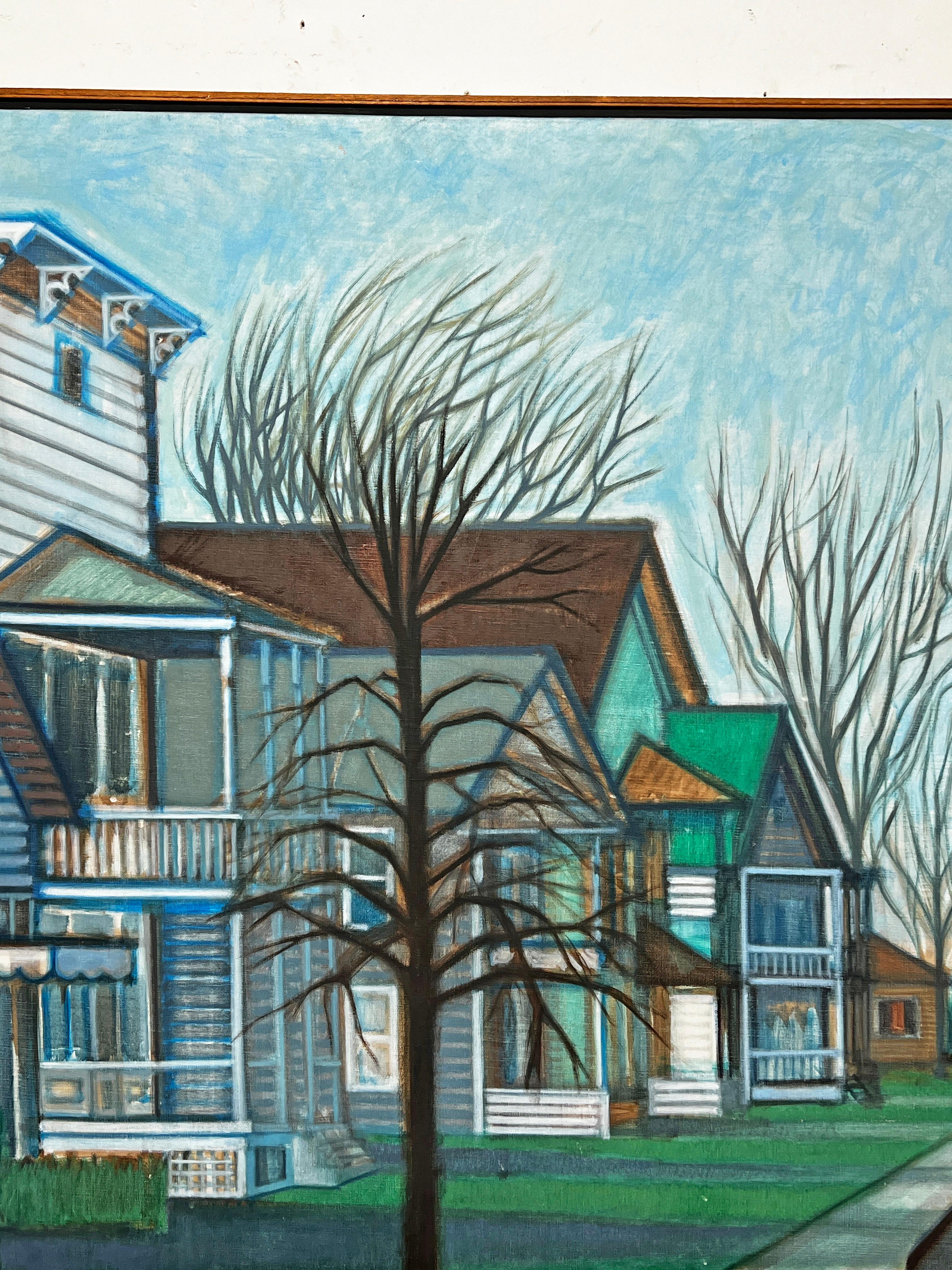 Paisaje urbano de realismo abstracto del célebre artista neoyorquino Ed Cowley D. 1969 Estadounidense en venta