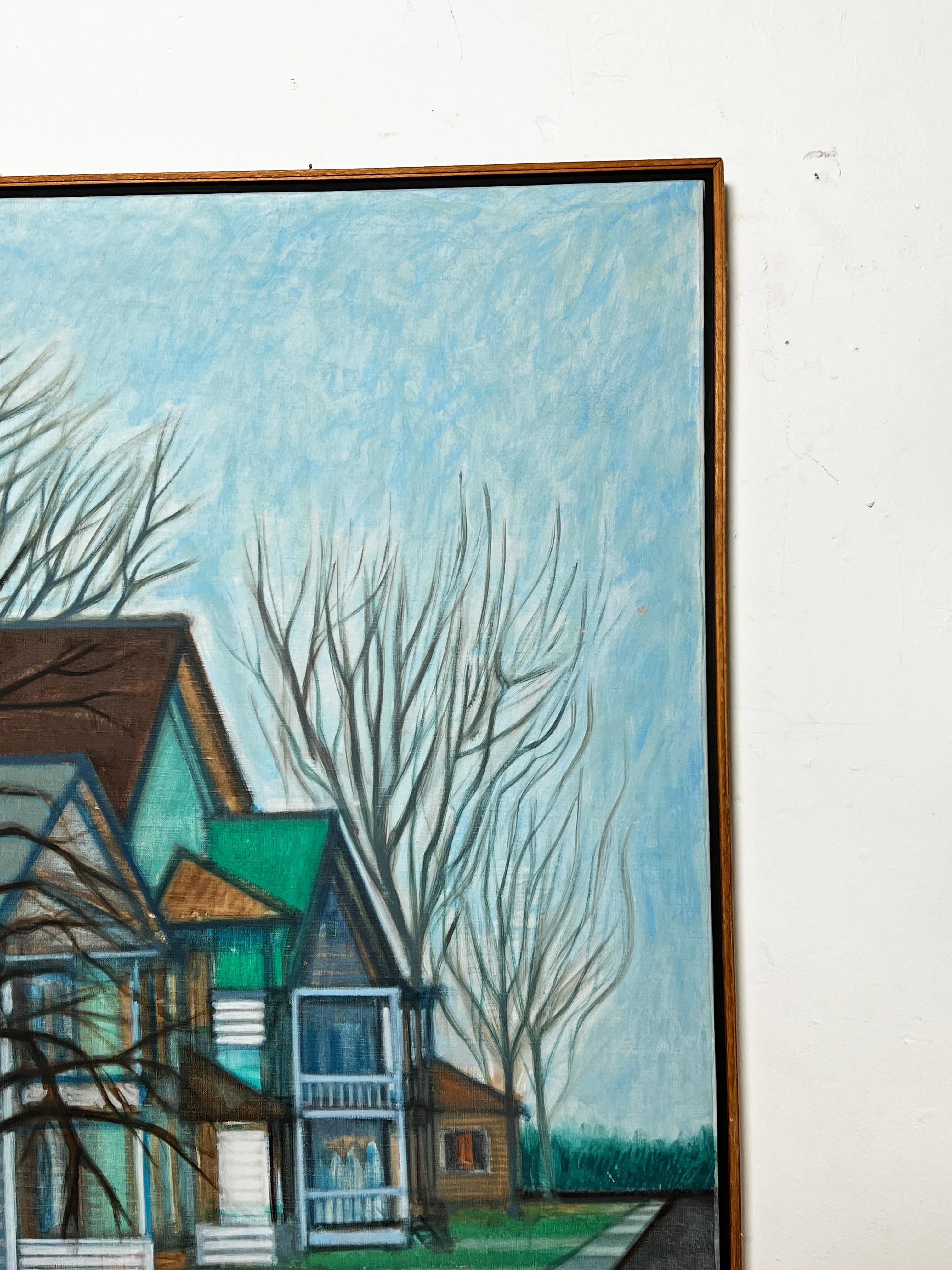 Paisaje urbano de realismo abstracto del célebre artista neoyorquino Ed Cowley D. 1969 en Bueno estado para la venta en Peabody, MA