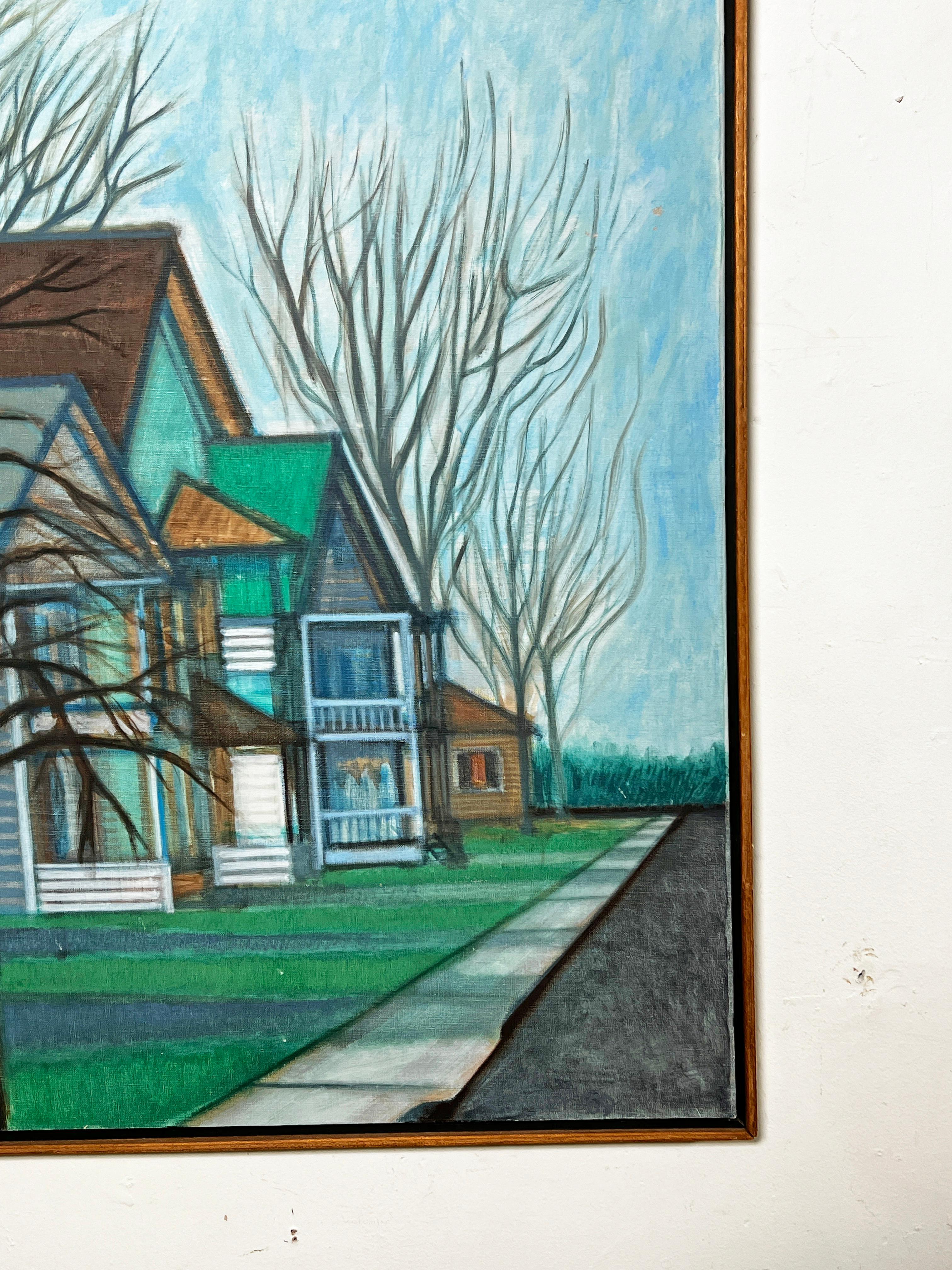 Paisaje urbano de realismo abstracto del célebre artista neoyorquino Ed Cowley D. 1969 mediados del siglo XX en venta