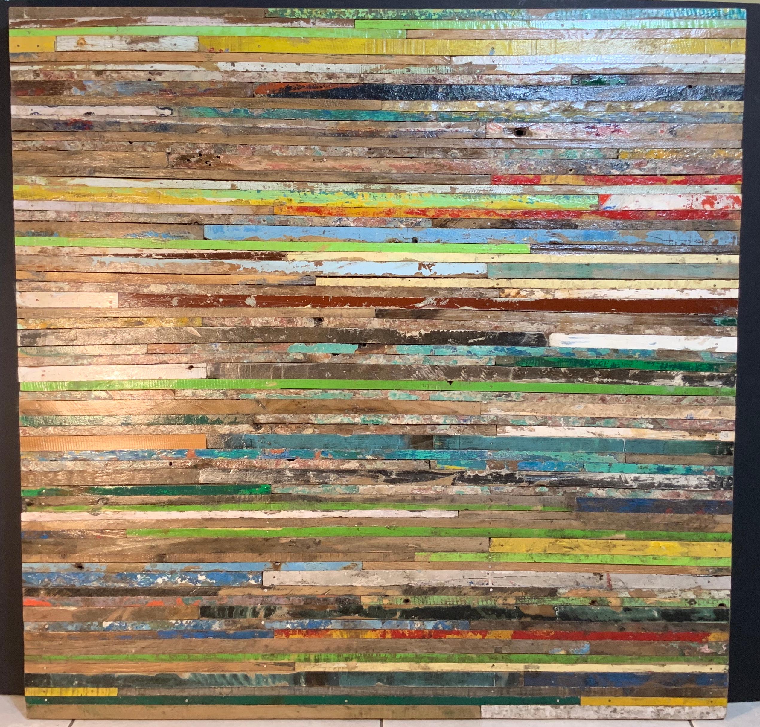 Exceptional wall hanging wood sculpture made of multi colors reclaimed wood strips cuts, to put together beautiful mosaic of colors
By this unknown artist.
Could use horizontal or vertical.