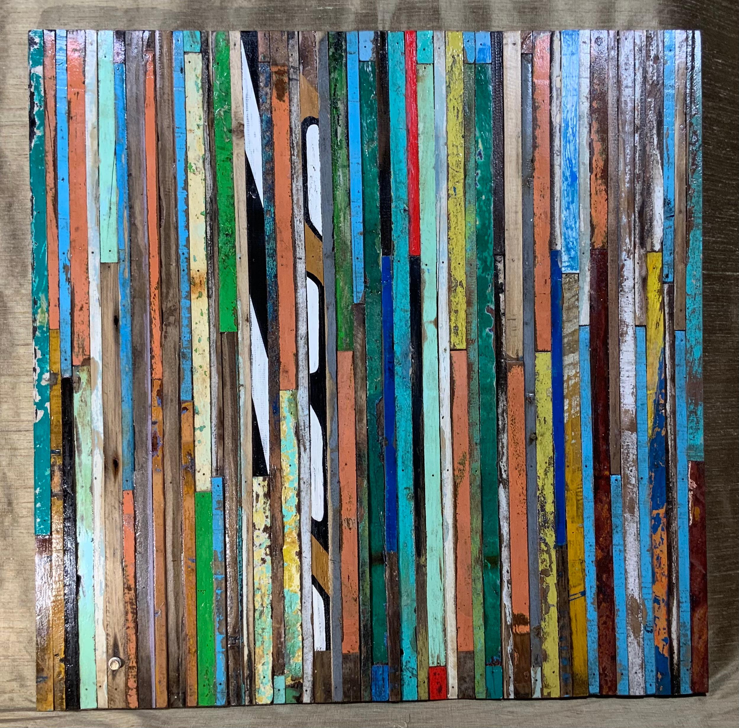 Exceptional wall hanging wood sculpture made of multi-colors reclaimed wood strips cuts, to put together beautiful Mosaic of colors
By unknown artist.
Could be use horizontal or vertical.