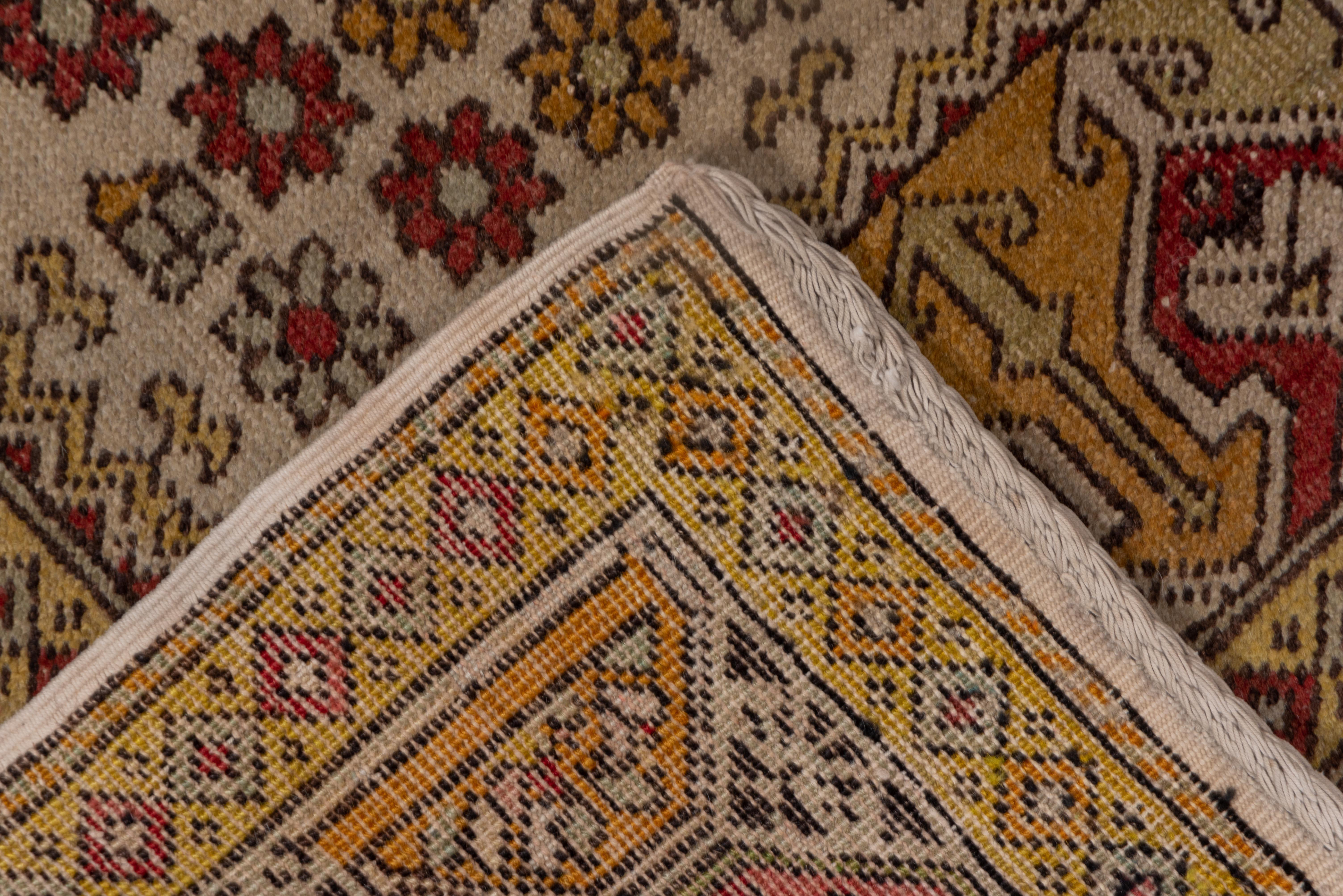 Hand-Knotted Abstract Red and Gold Turkish Oushak with Purple Accents Along Trim For Sale