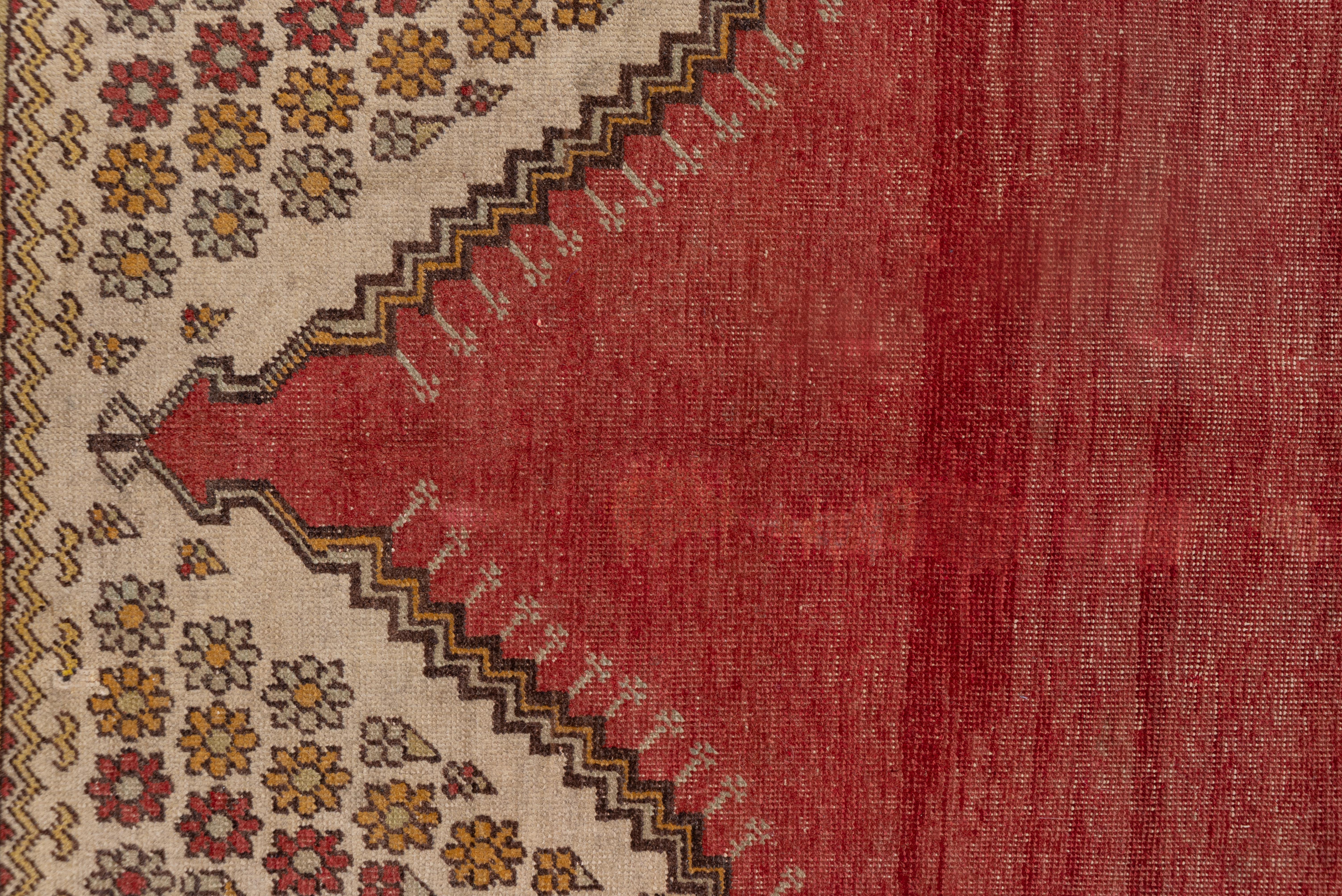 Mid-20th Century Abstract Red and Gold Turkish Oushak with Purple Accents Along Trim For Sale