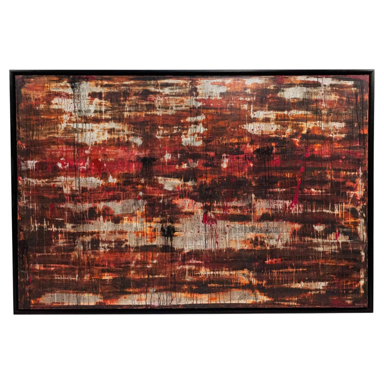 Abstract Red and White Painting in Black Frame For Sale