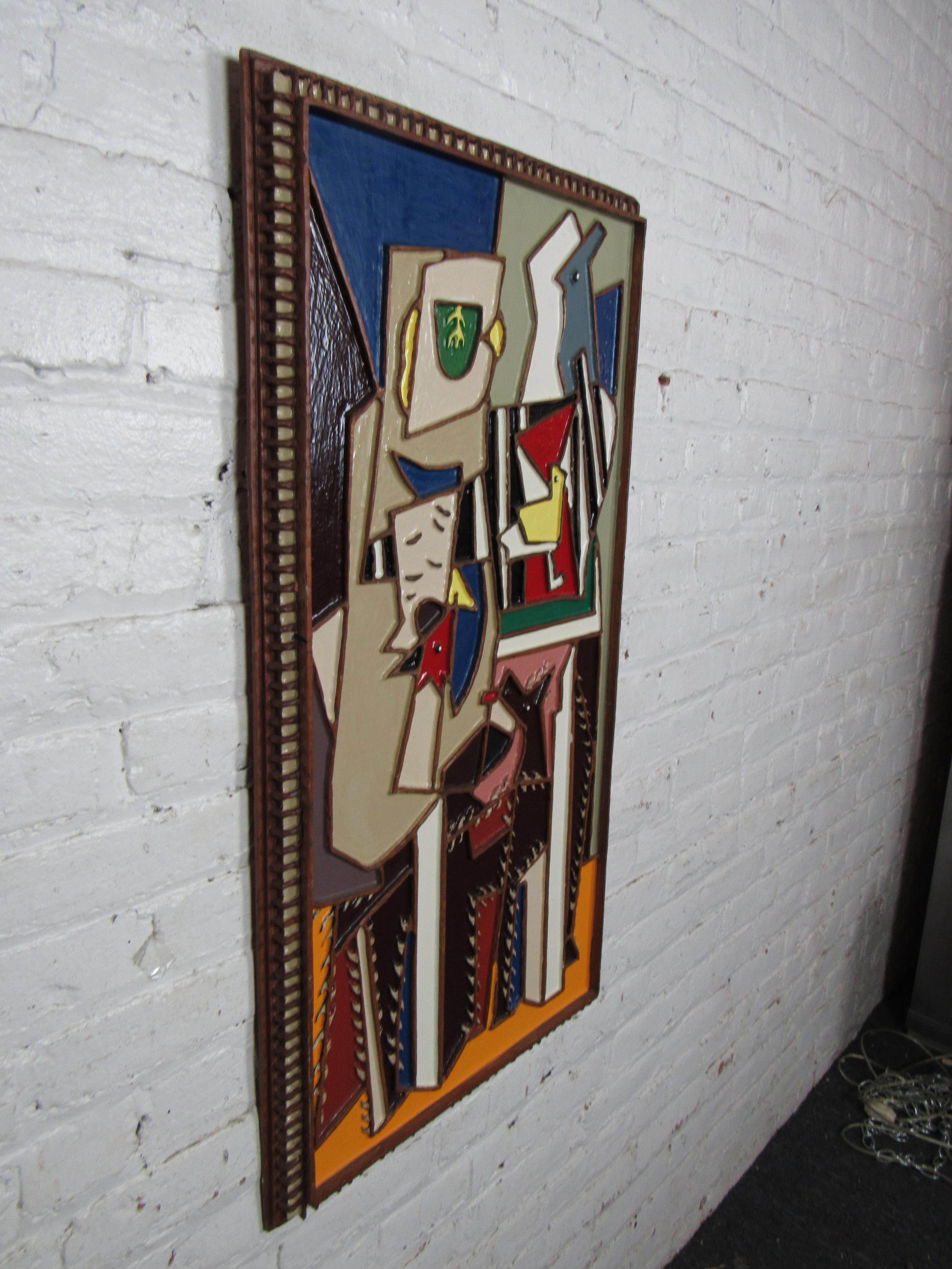 A colorful abstract painting by Sid Birnbaum, using lacquered wood construction and rendered in a Cubism-inspired style. Signed and dated 1986. Please confirm item location with seller (NY/NJ).