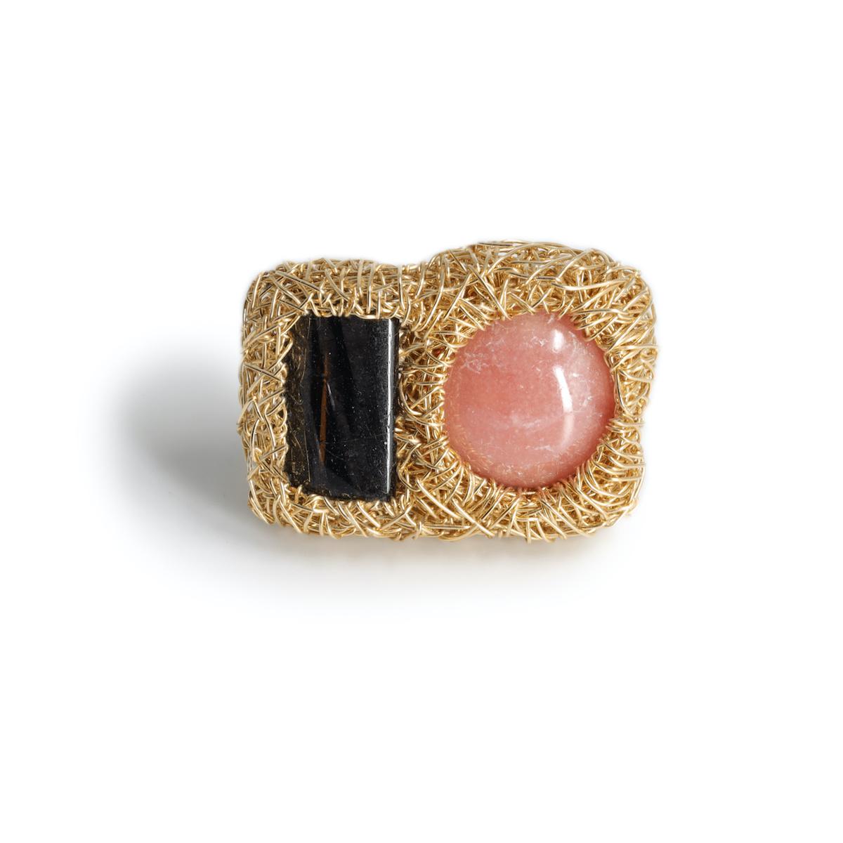 Abstract Ring in Pink and dark Grey 14 kt Gold F stone Cocktail Statement Ring For Sale 7