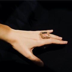 Abstract Ring in Pink and dark Grey 14 kt Gold F stone Cocktail Statement Ring