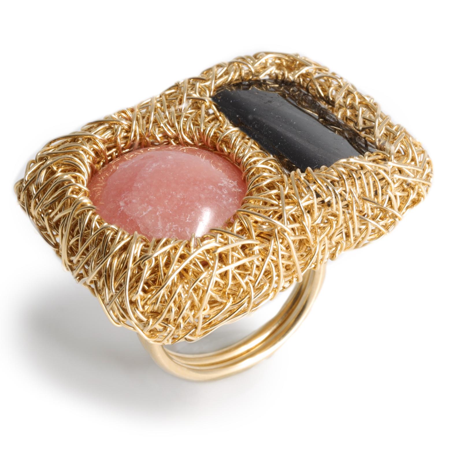 Contemporary Abstract Ring in Pink and dark Grey 14 kt Gold F stone Cocktail Statement Ring For Sale