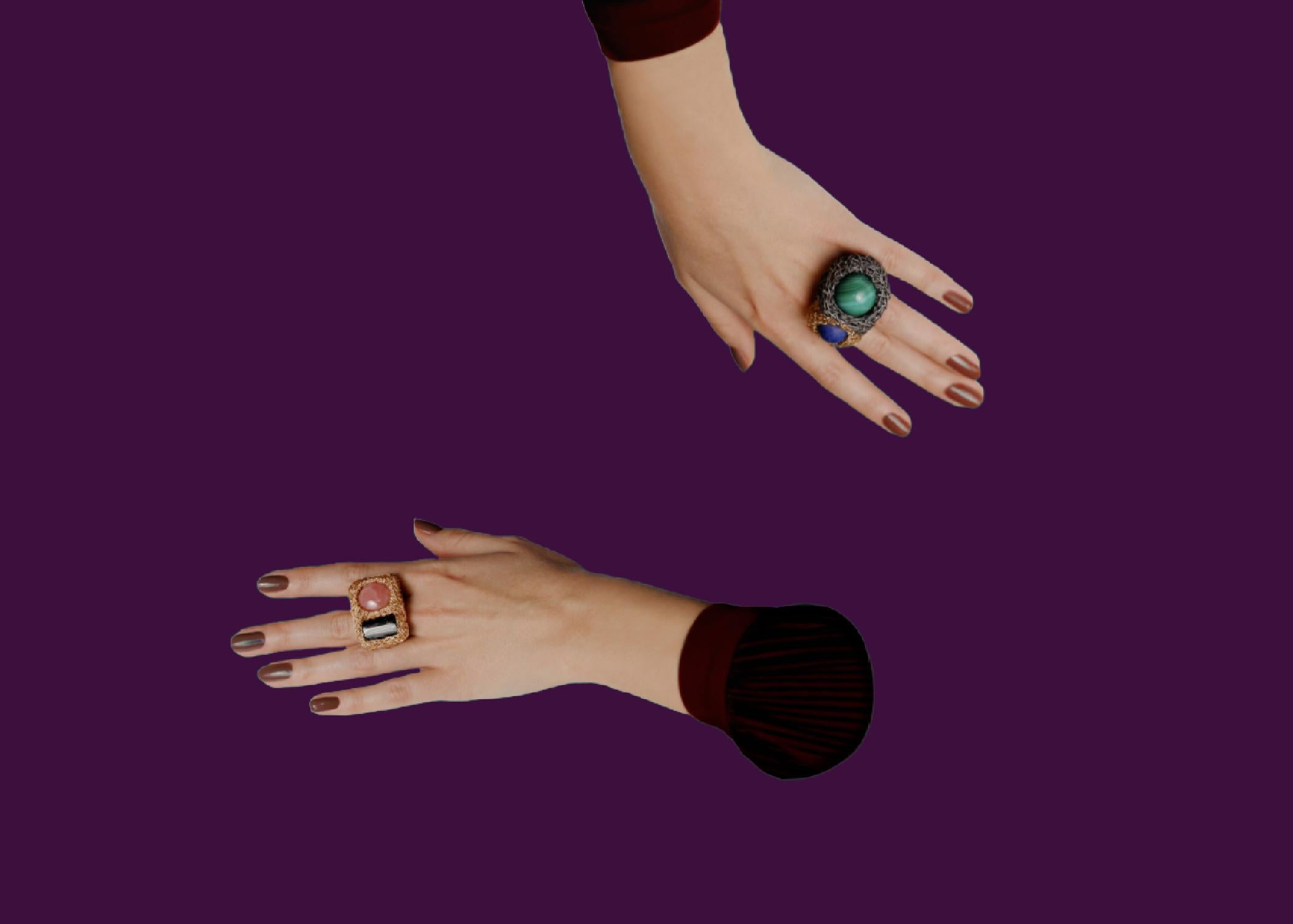 Abstract Ring in Pink and dark Grey 14 kt Gold F stone Cocktail Statement Ring For Sale 2