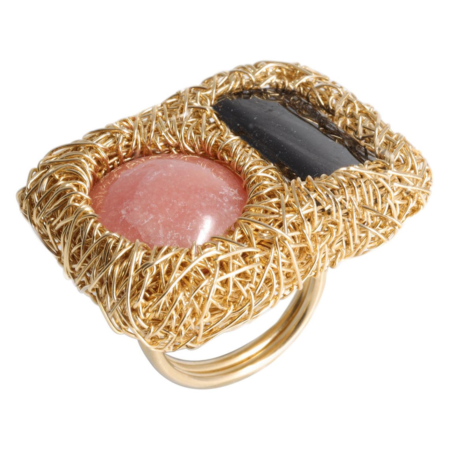 Abstract Ring in Pink and dark Grey 14 kt Gold F stone Cocktail Statement Ring