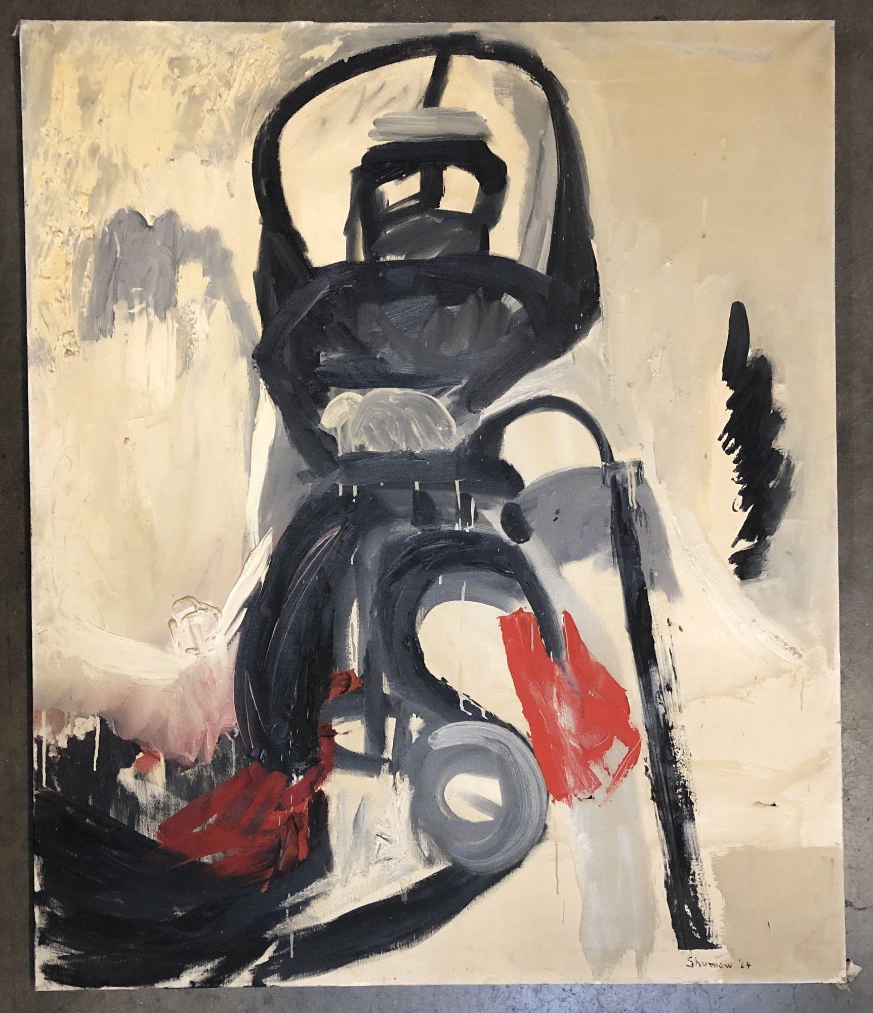 Original artwork oil and canvas of an abstract resembling a robot by artist James Pasqual Bettio.

1964, United States, Signed- 