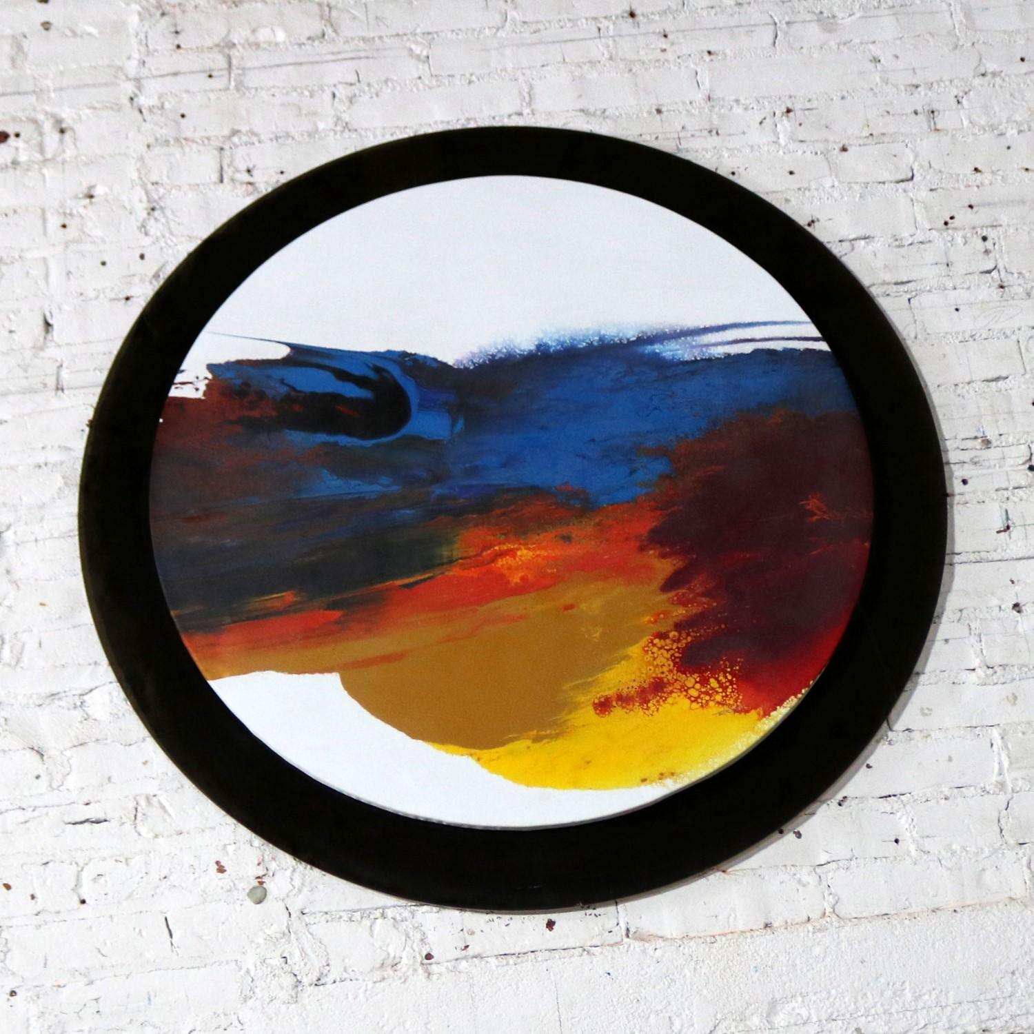 American Abstract Round Acrylic Canvas Painting Mounted Smoke Plexiglass by Ted R. Lownik For Sale